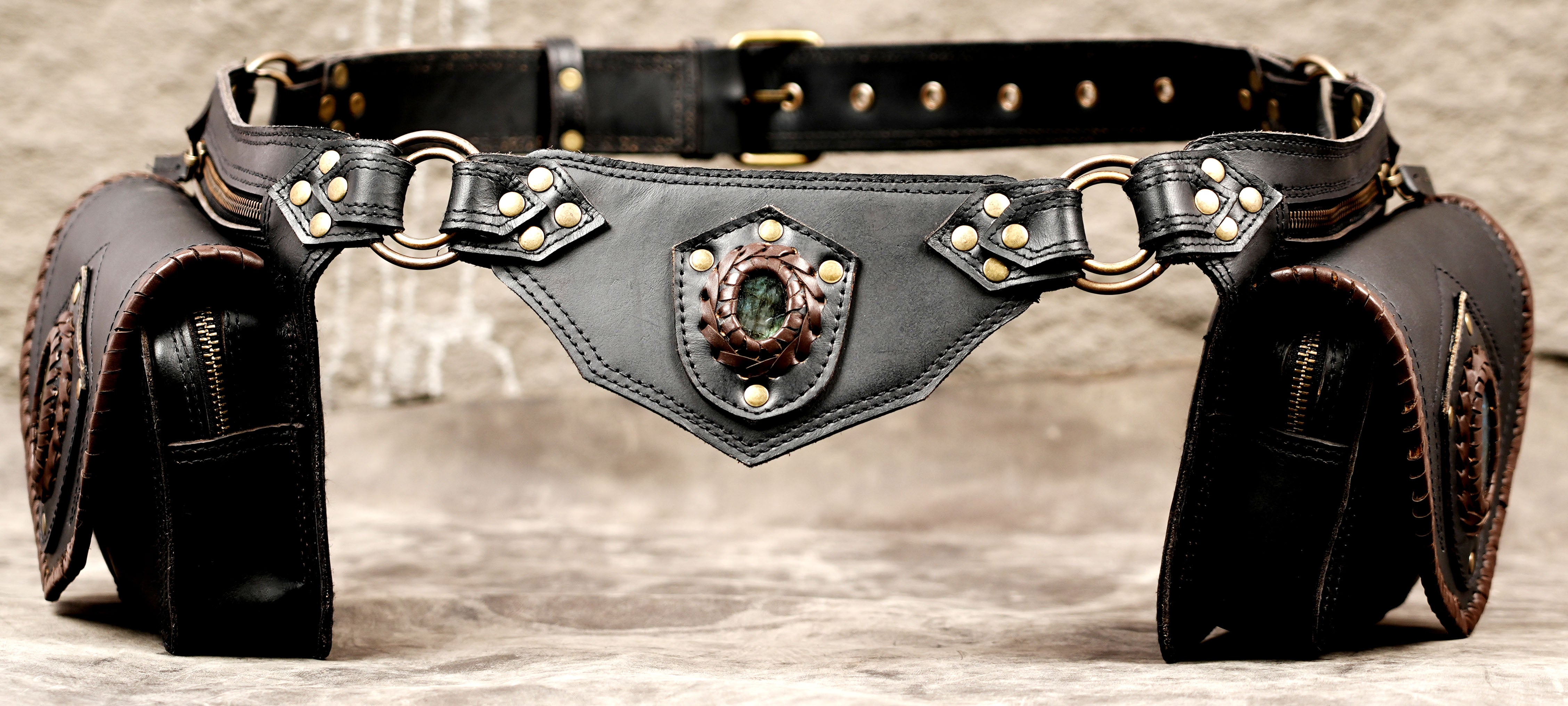 Gothic leather waist belt with pouches