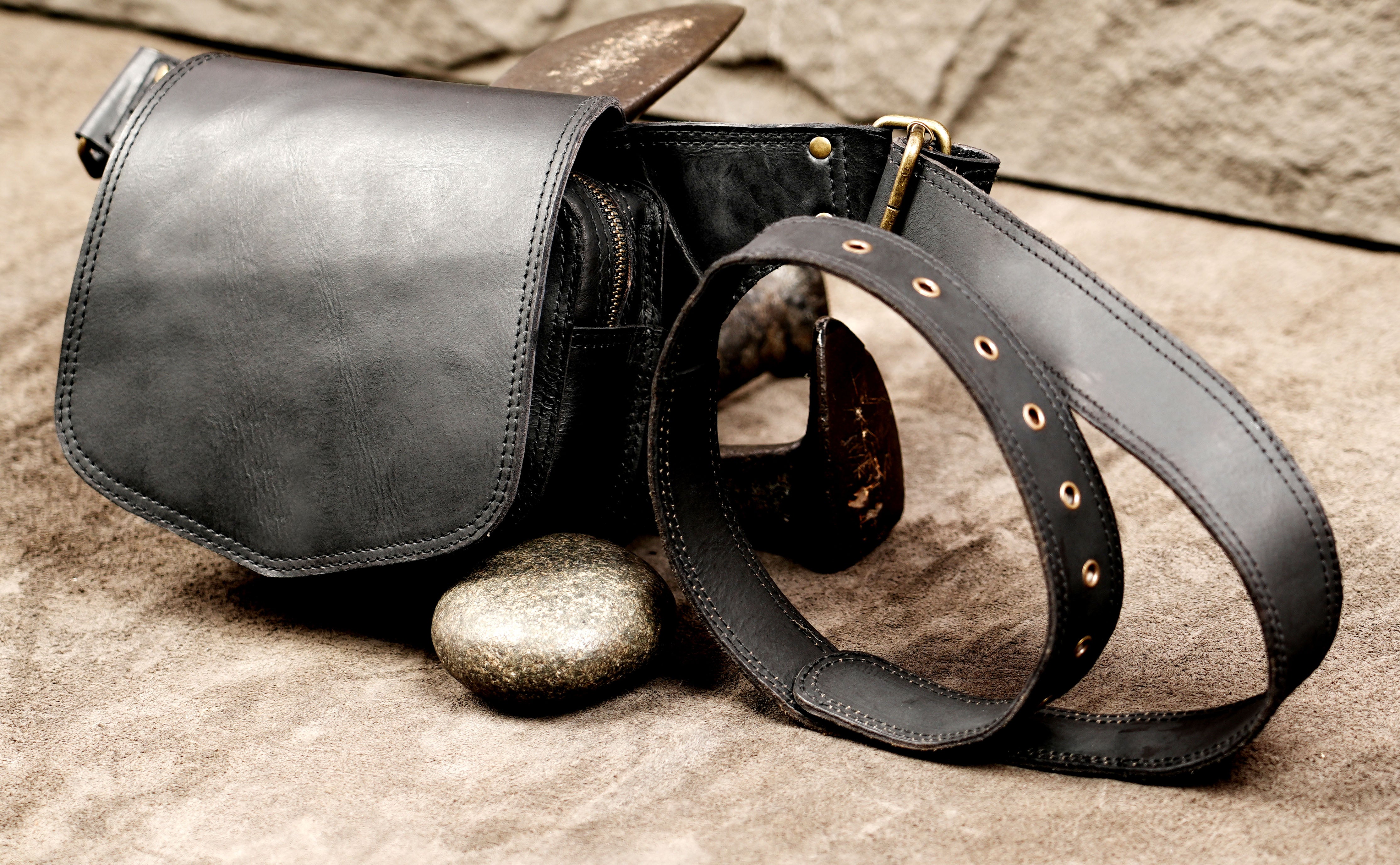 Handmade black leather hip bag