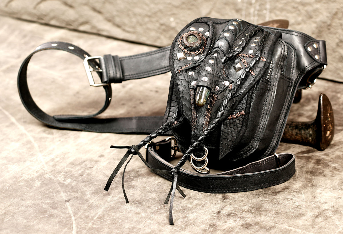 Handmade black leather fanny pack and holster combo