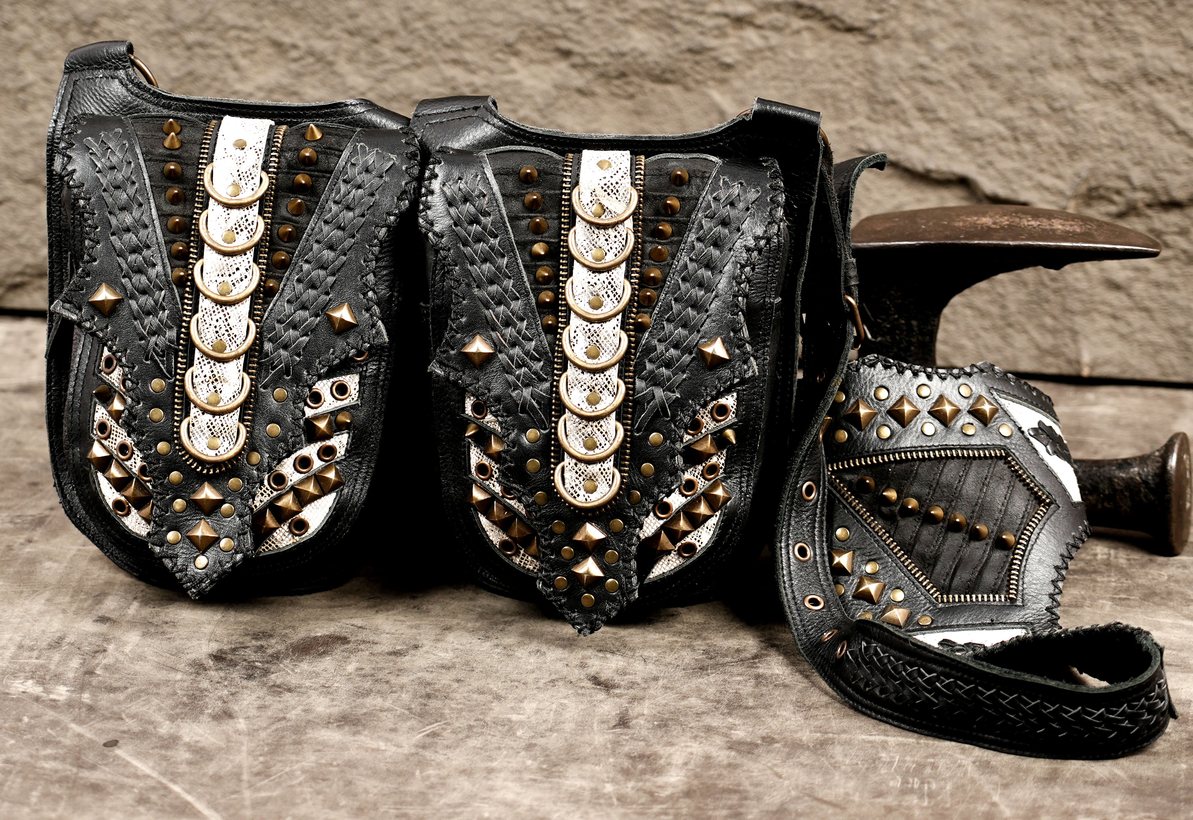 black leather festival chest rig and holster bag