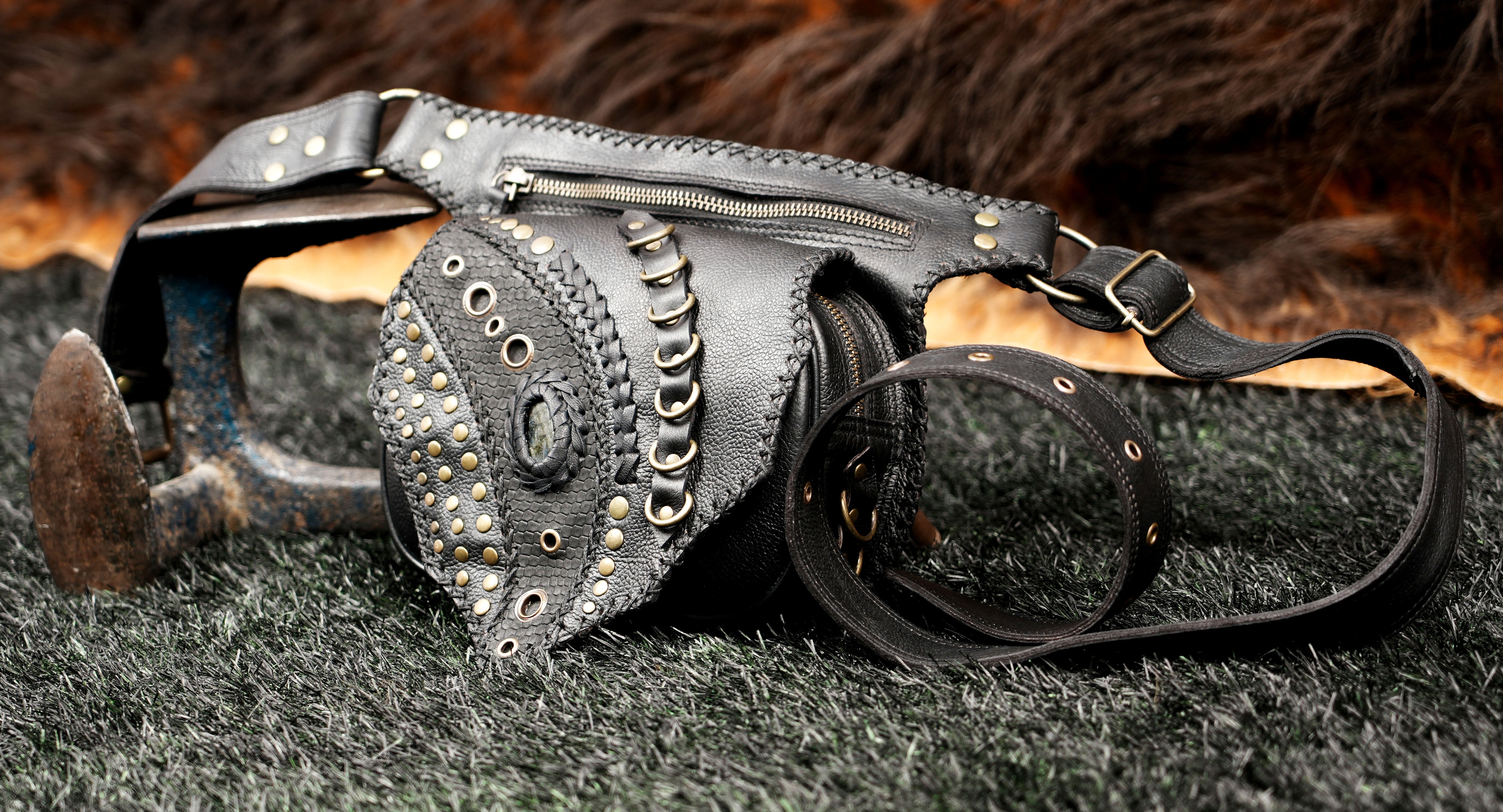 Handmade leather festival belt bag with zipper pocket design