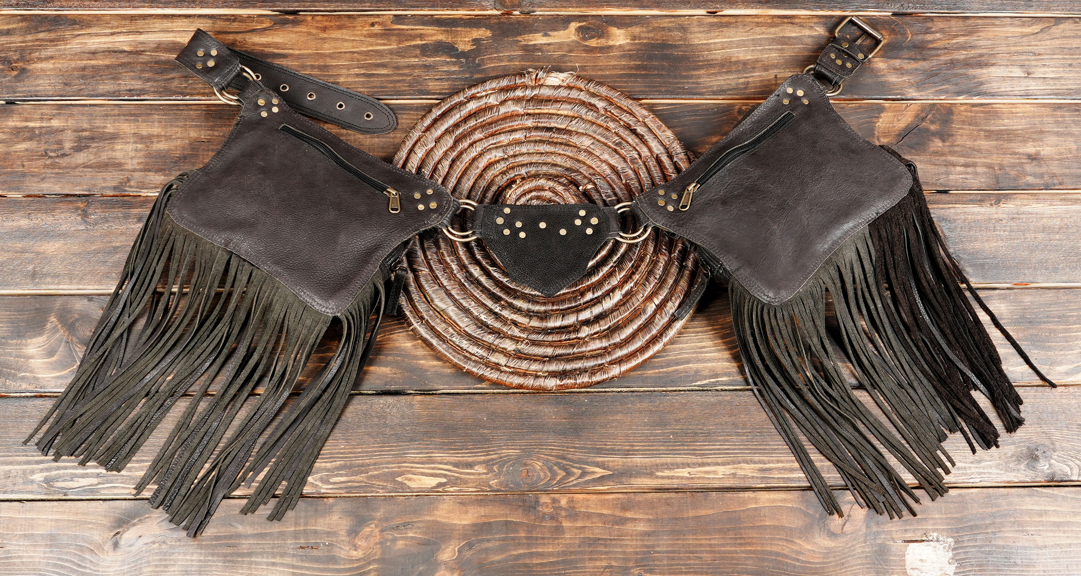 Handmade Leather Fringe Belt Bag, Black Western Waist Belt, Boho Hip Pouch, Stone Accent, Festival Wear