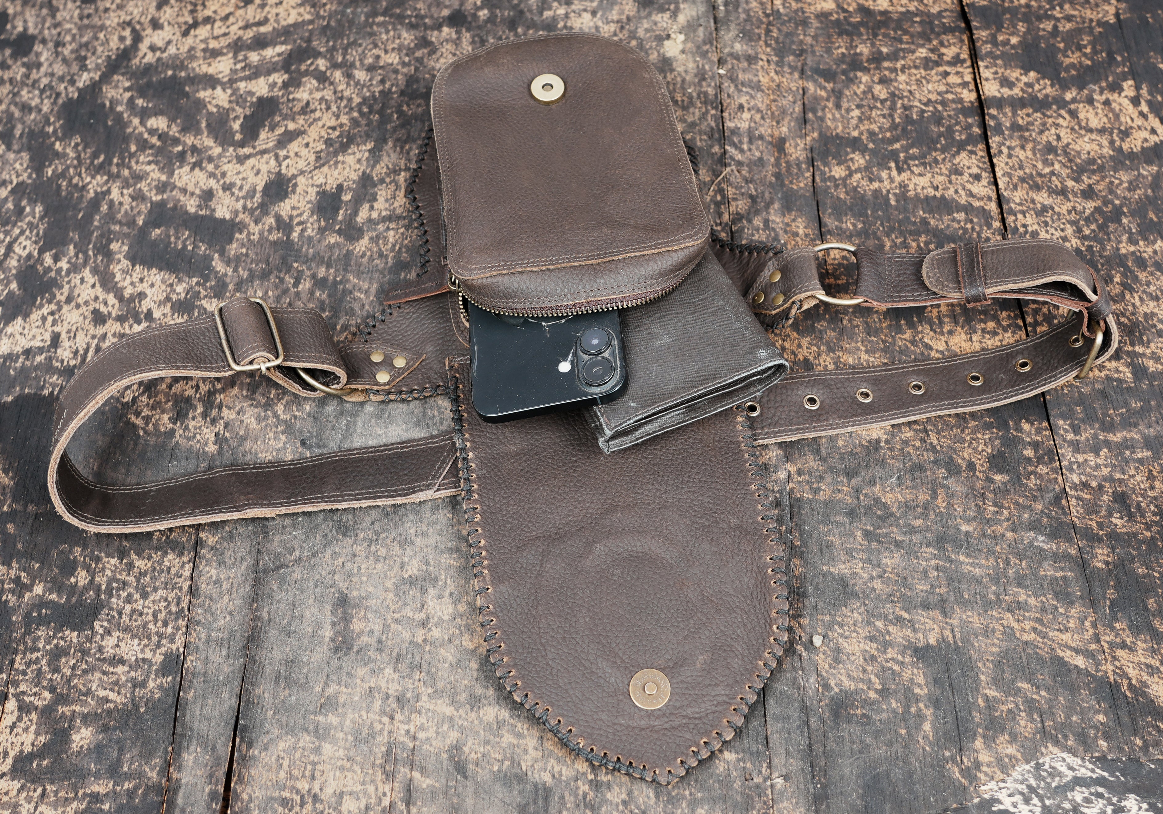 Handmade Leather Waist Belt with Front Pouch and Stone Detail || Leather Waist Belt Bag with Metal Hardware || Handmade Leather Waist Belt for Travel and Festivals (LT/AB/WB/6191)