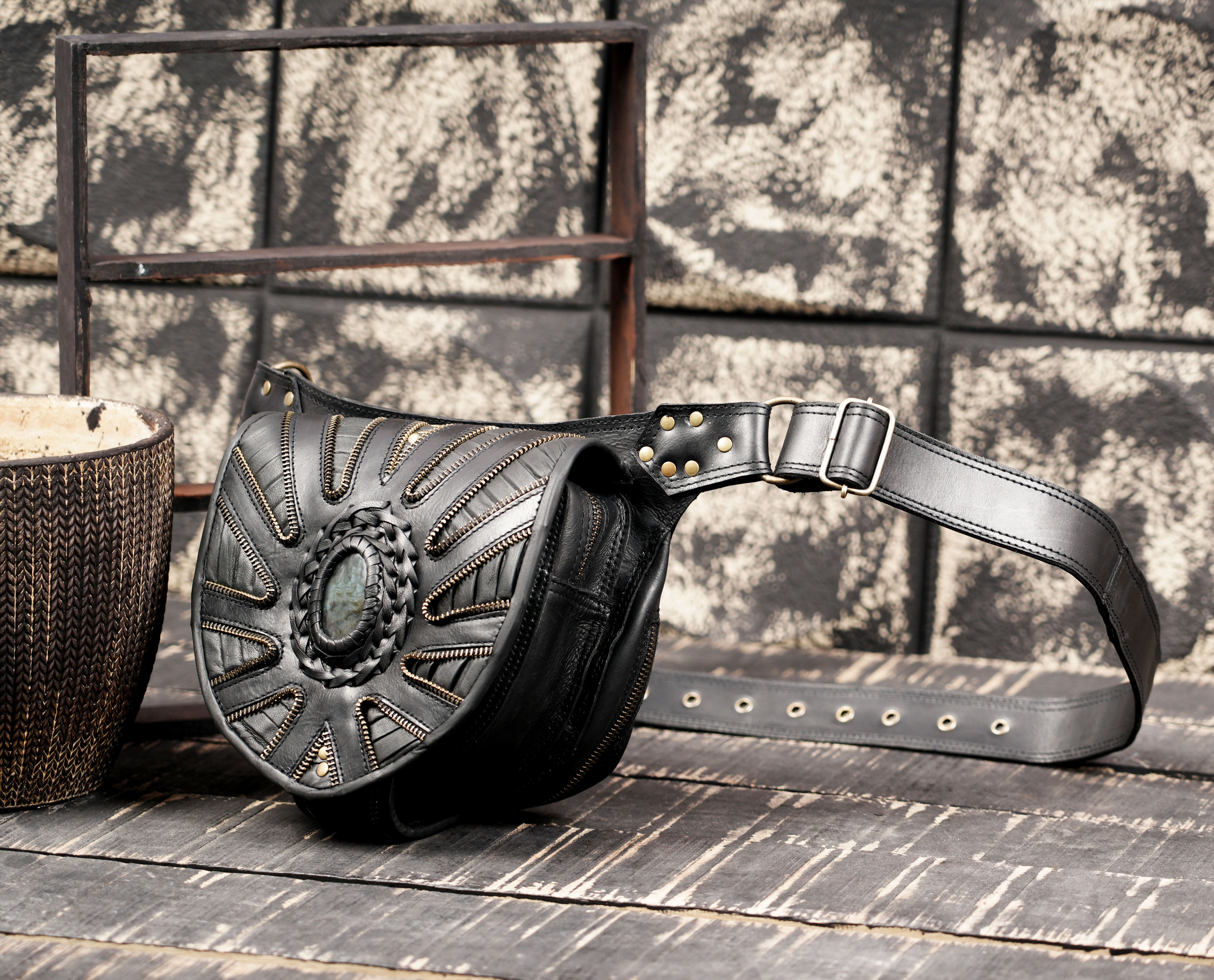 Tribal leather hip bag with stone