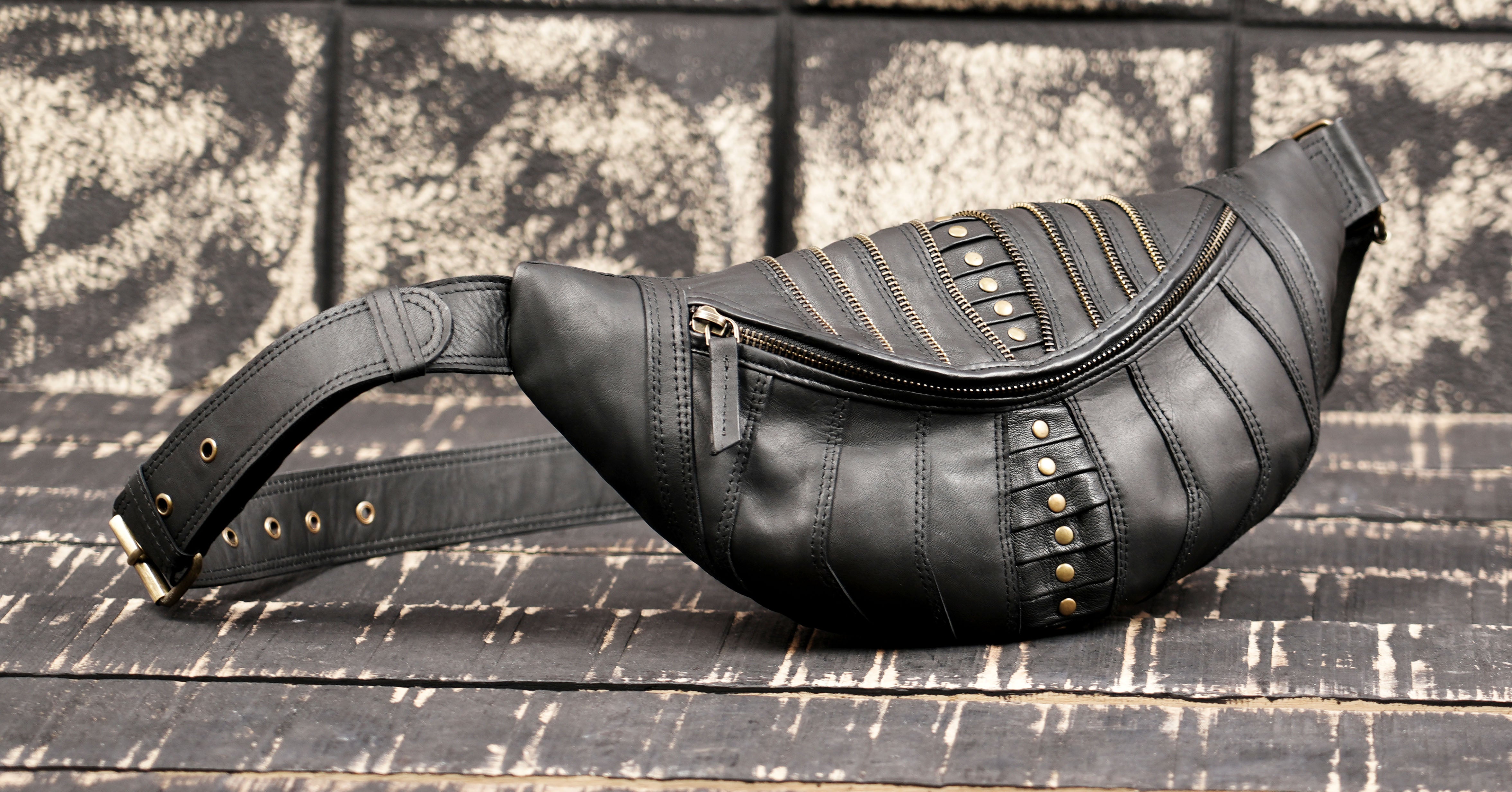 Handmade Black Leather Waist Shoulder Belt with Zipper Pouch || Leather Waist Shoulder Bag with Studded Detailing (LT/AB/SB/6011)