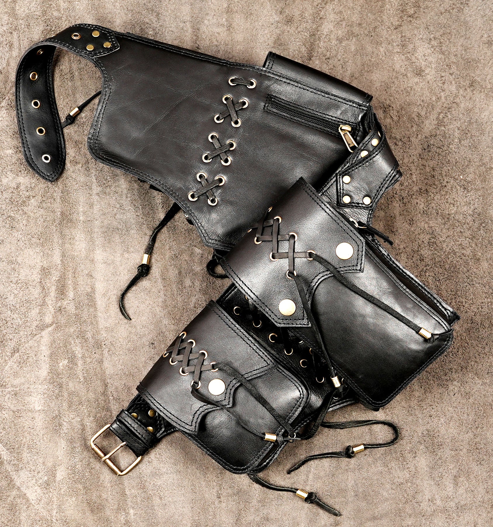 Handmade black leather festival utility belt