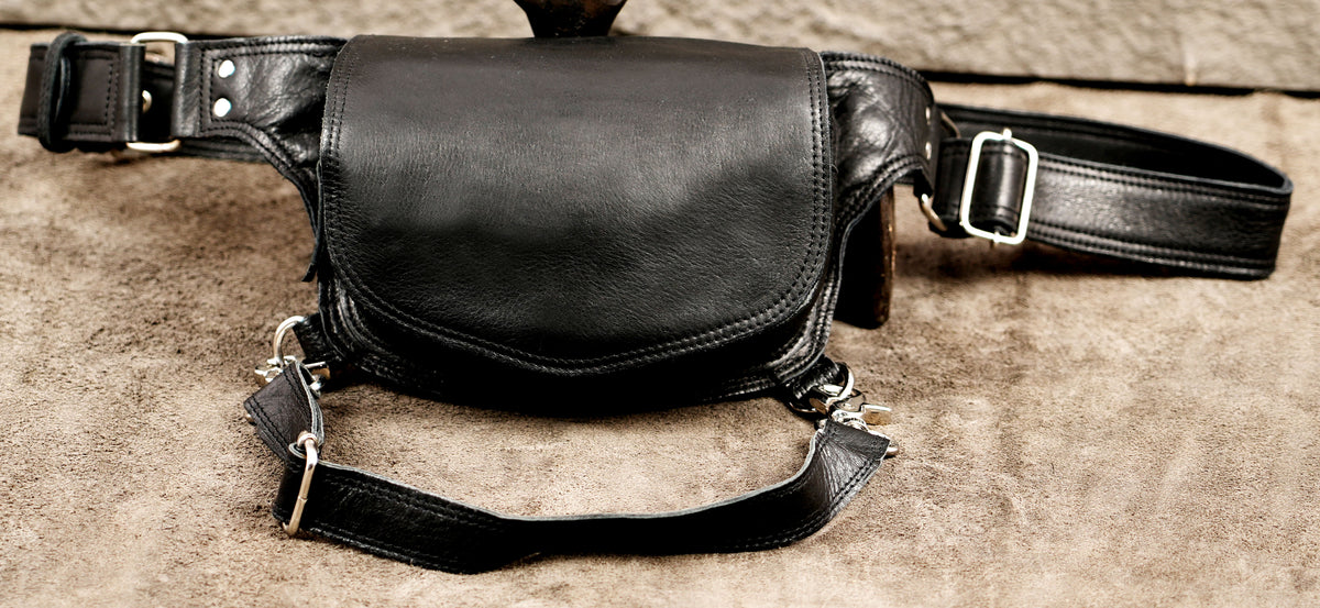 Versatile leather biker thigh bag offering comfortable all-day wear for riders and festival-goers