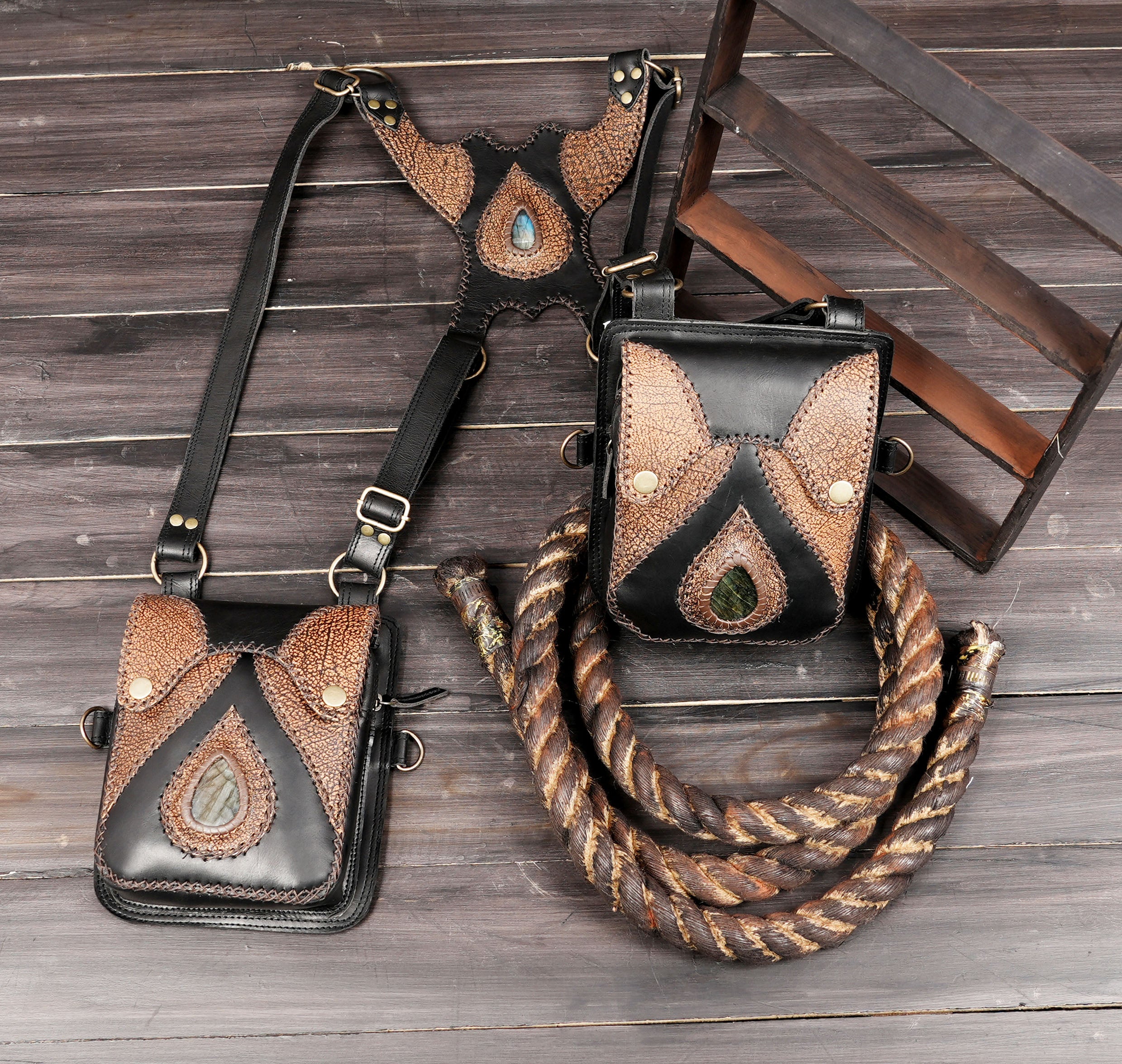 Black and brown leather festival holster with handcrafted stitching