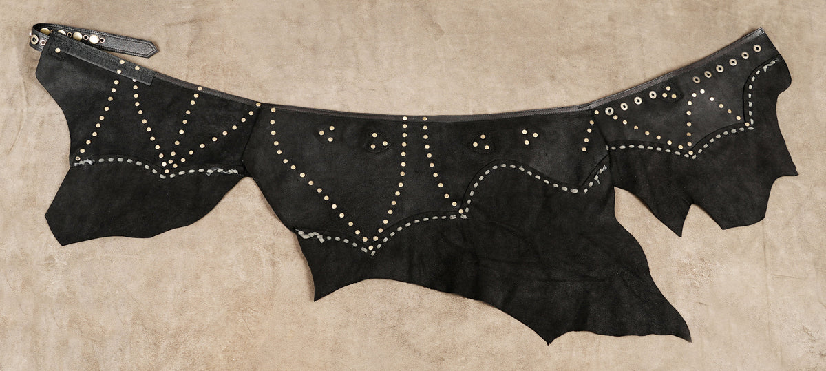 Dark brown alternative leather clothing with adjustable belt and decorative hardware