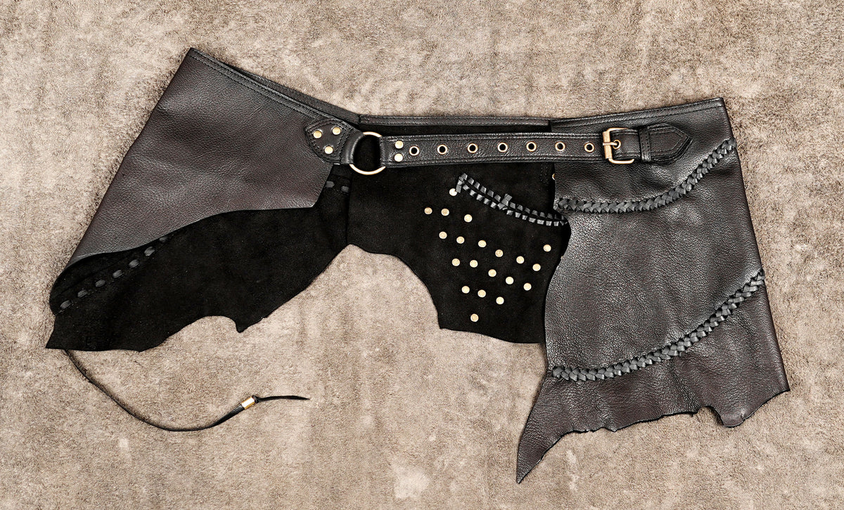 Leather wrap skirt with gold tone studs and adjustable waist belt