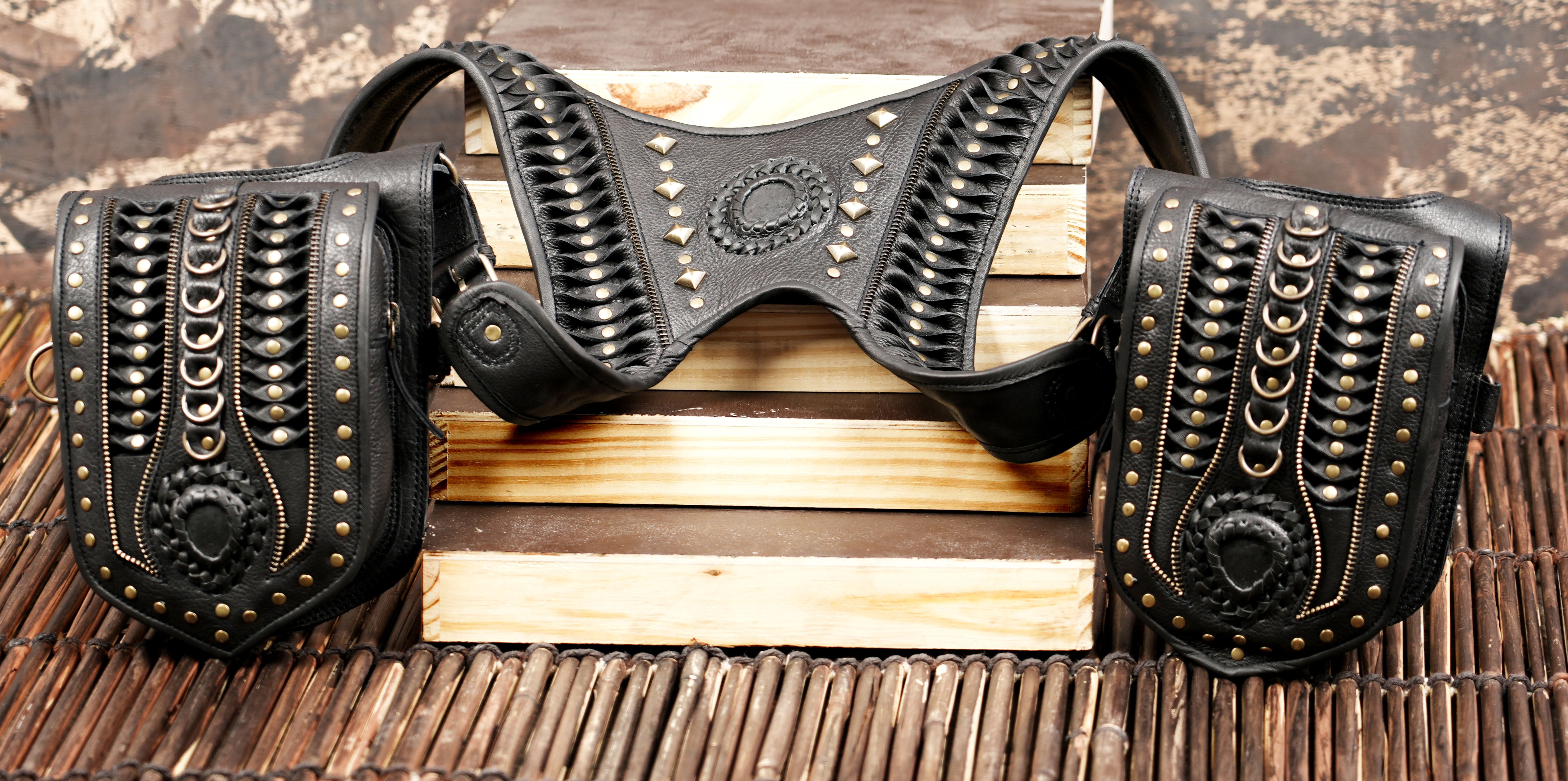Handmade Black Leather Shoulder Holster Harness with Dual Utility Pouches | Adjustable Chest Rig | Gothic Steampunk Leather Holster (LT/AB/HLS/6053)