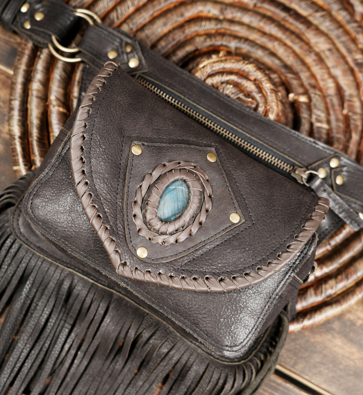 Handmade Leather Fringe Belt Bag, Black Western Waist Belt, Boho Hip Pouch, Stone Accent, Festival Wear
