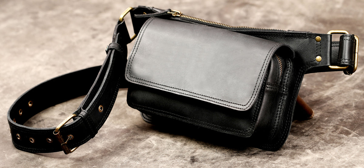 Black leather hip pouch for festivals, travel, and everyday wear