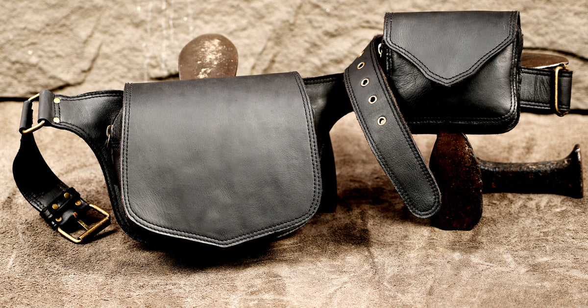 Gothic black leather festival belt with multiple storage compartments