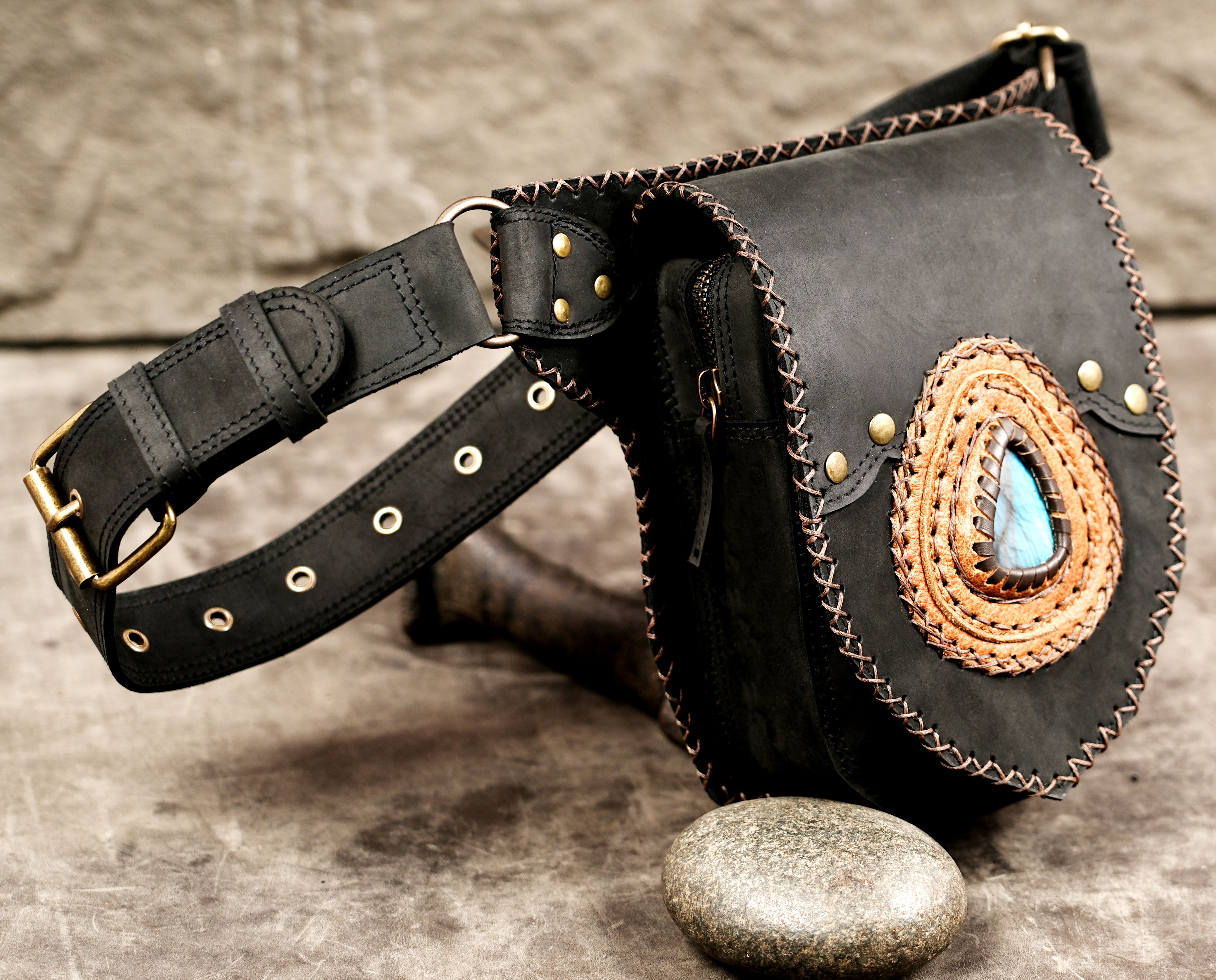 Handcrafted leather hip pouch with antique brass