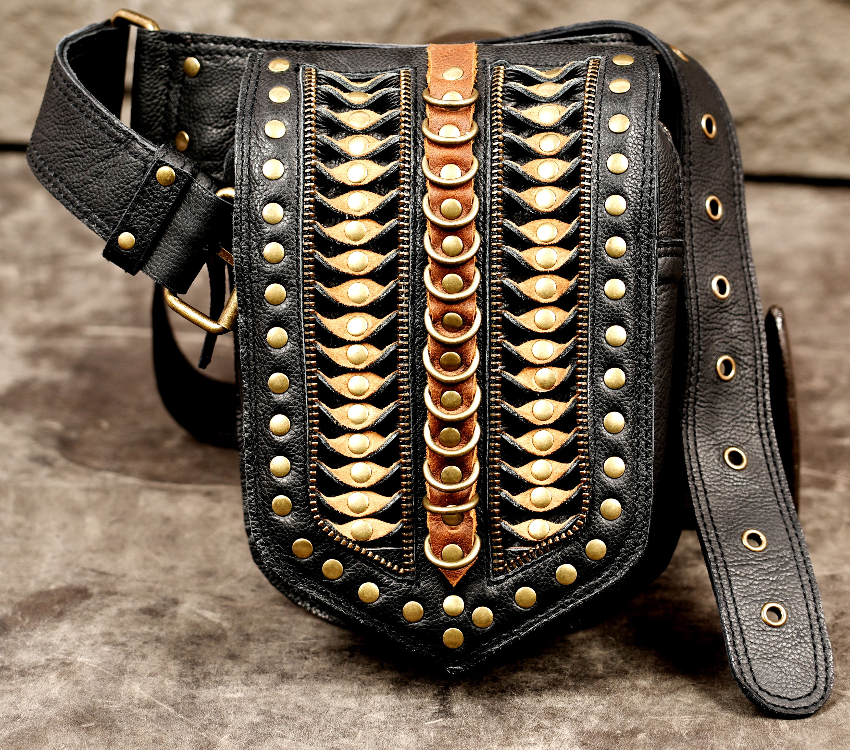 Steampunk leather waist cincher with brass hardware