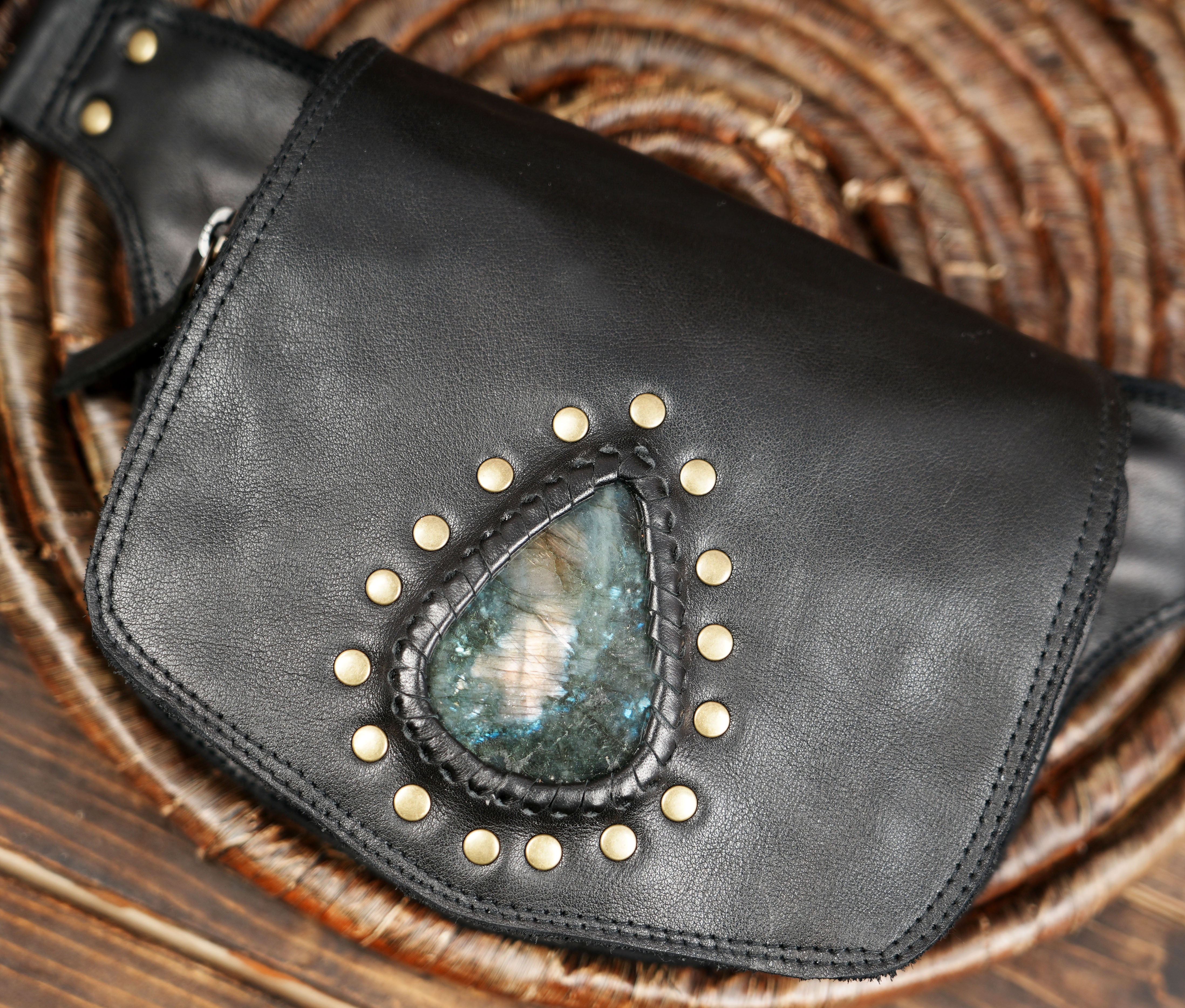 Handmade Leather Utility Belt Bag with Labradorite Stone – Adjustable Pocket Belt with Double Pouches, Festival Hip Bag