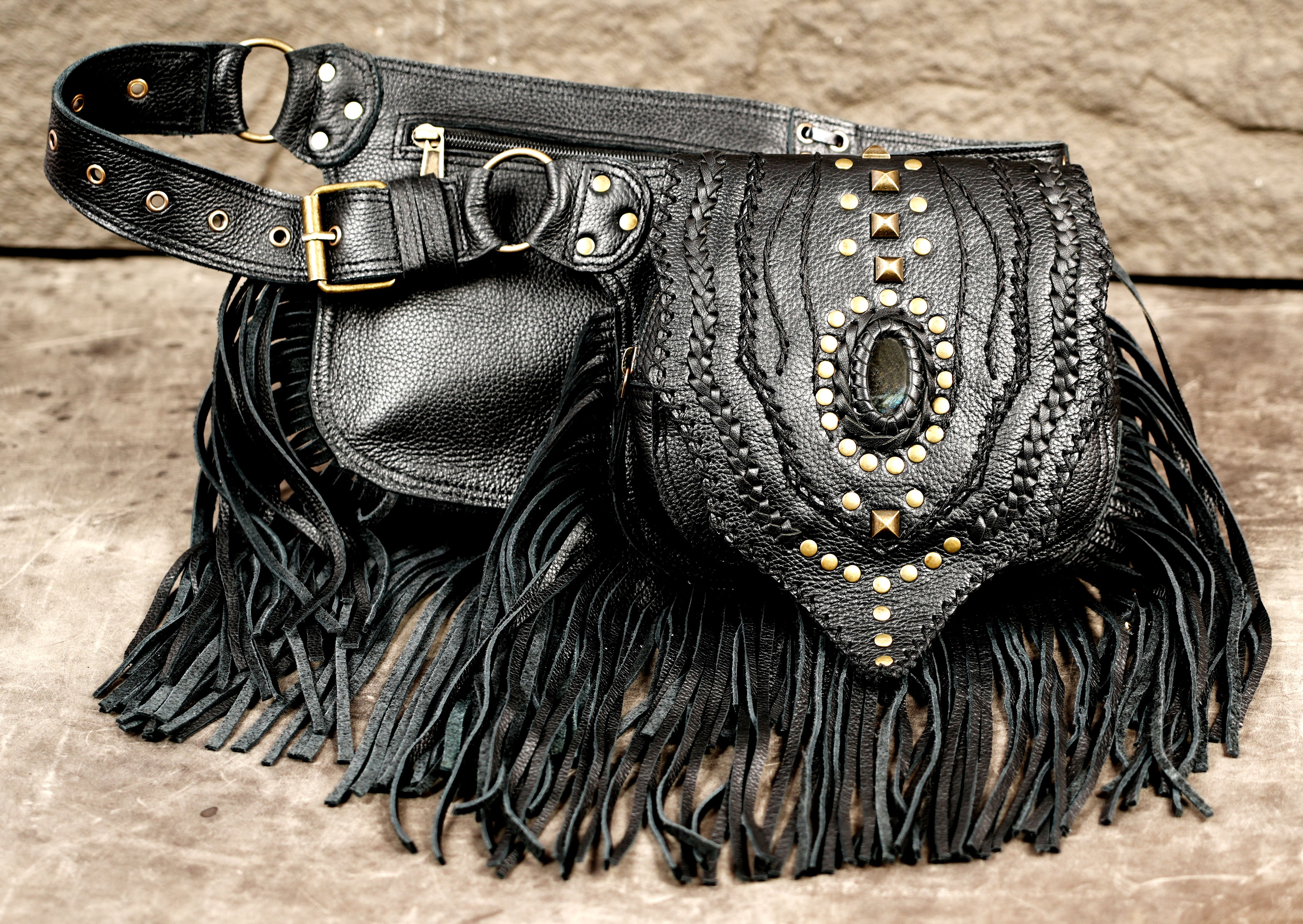 Boho leather waist accessory with flowing fringe