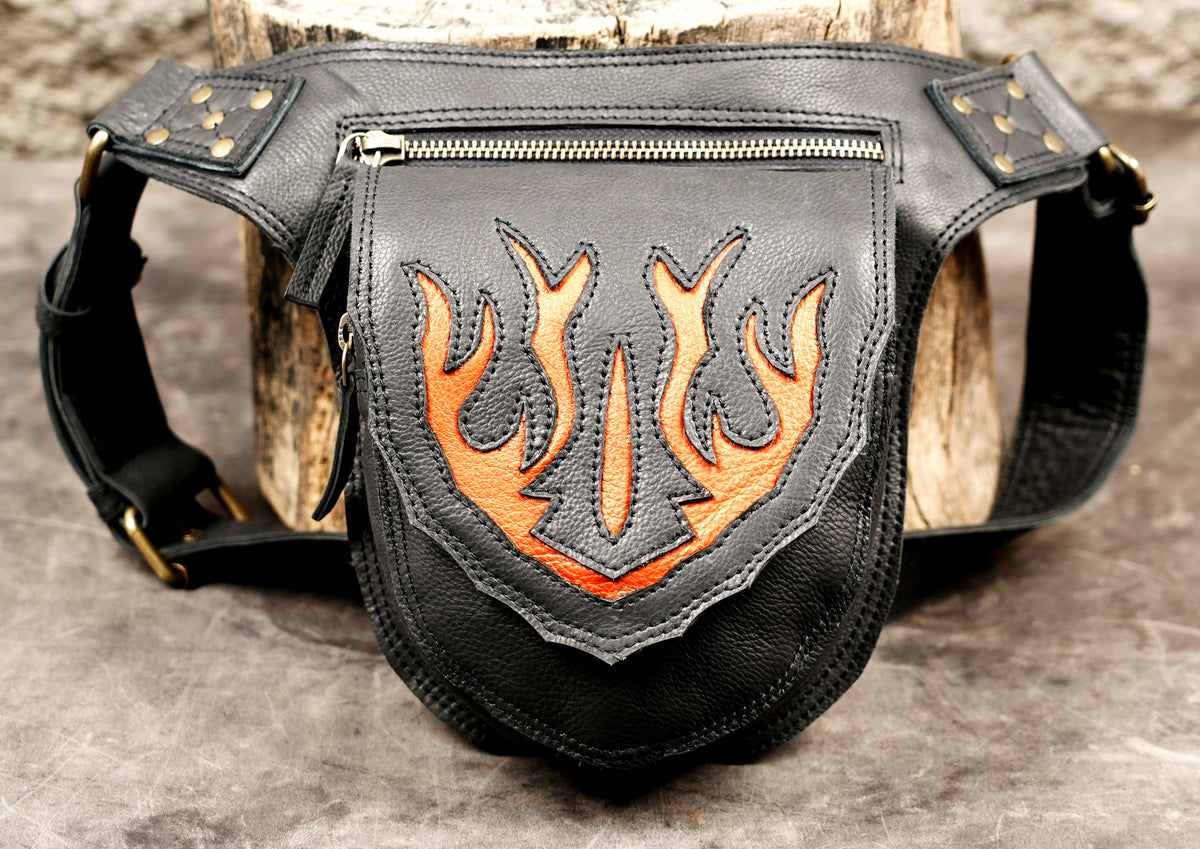 Handmade leather belt bag with brass rivet details