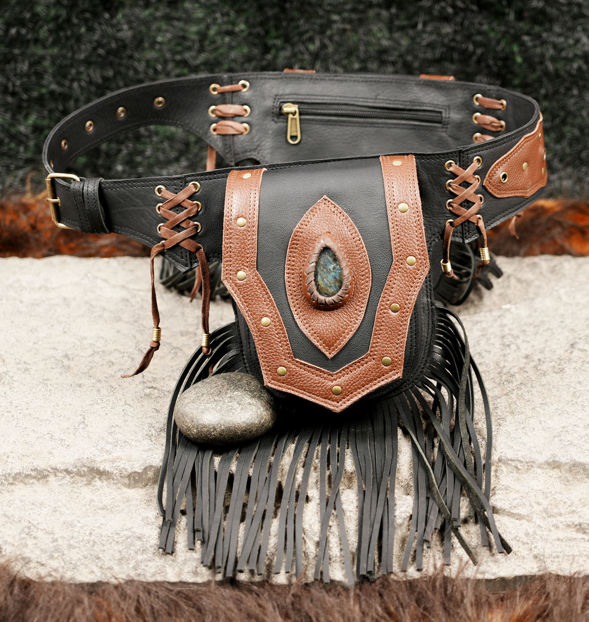 Adjustable leather belt with labradorite stones and tan trim