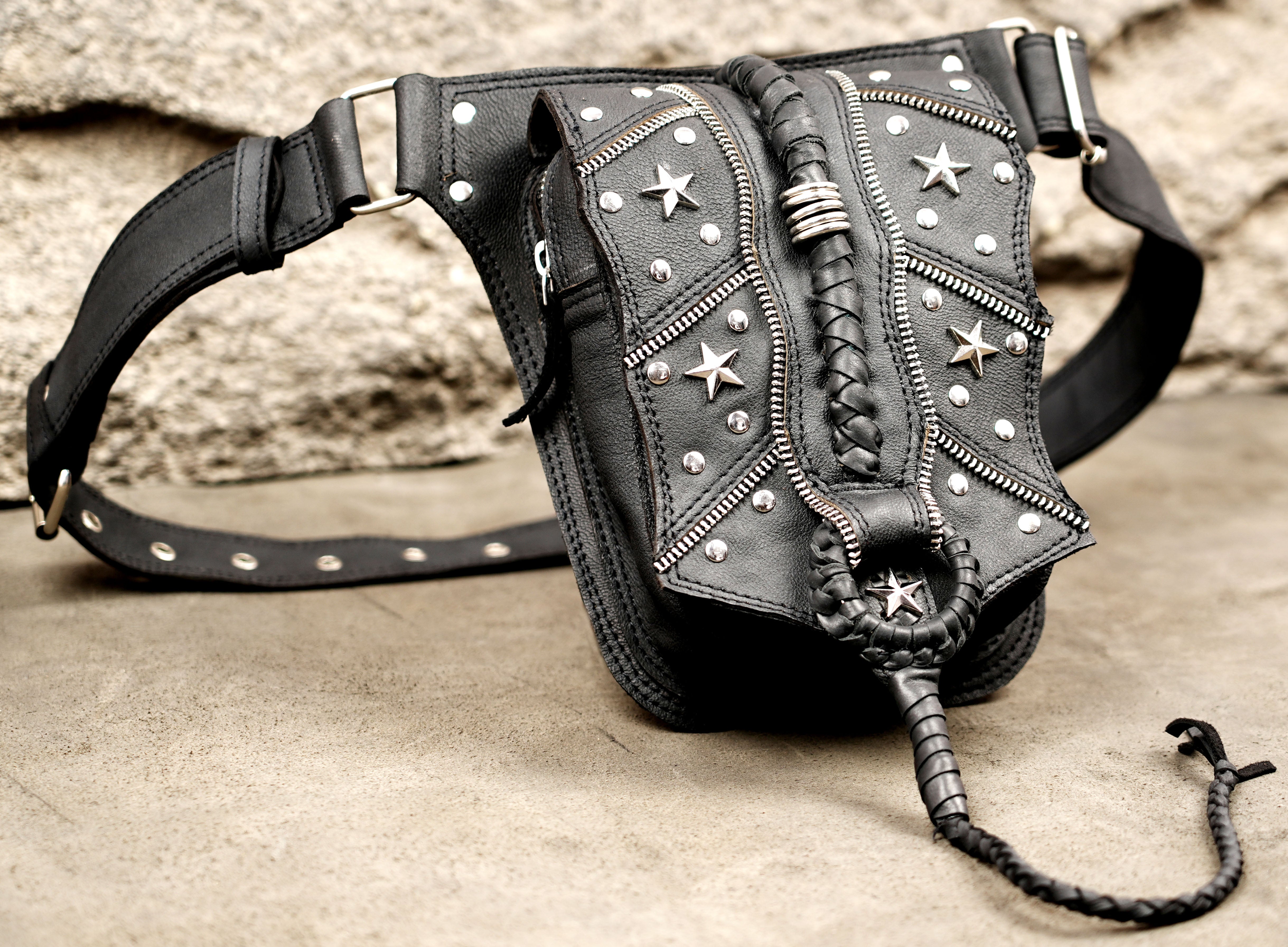 Adjustable leather hip bag with braided cord, full view