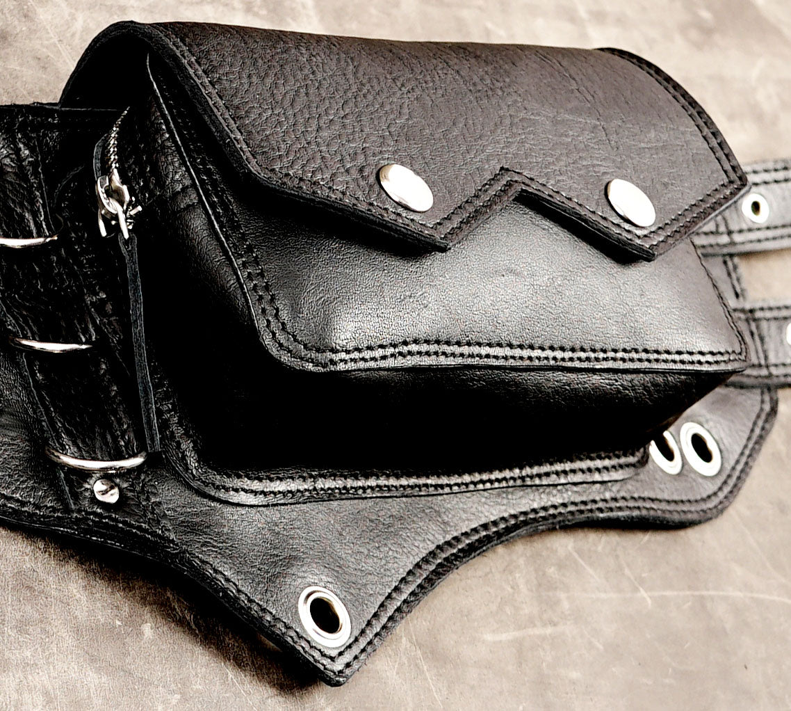 Adjustable leather hip belt with double bag design, full view