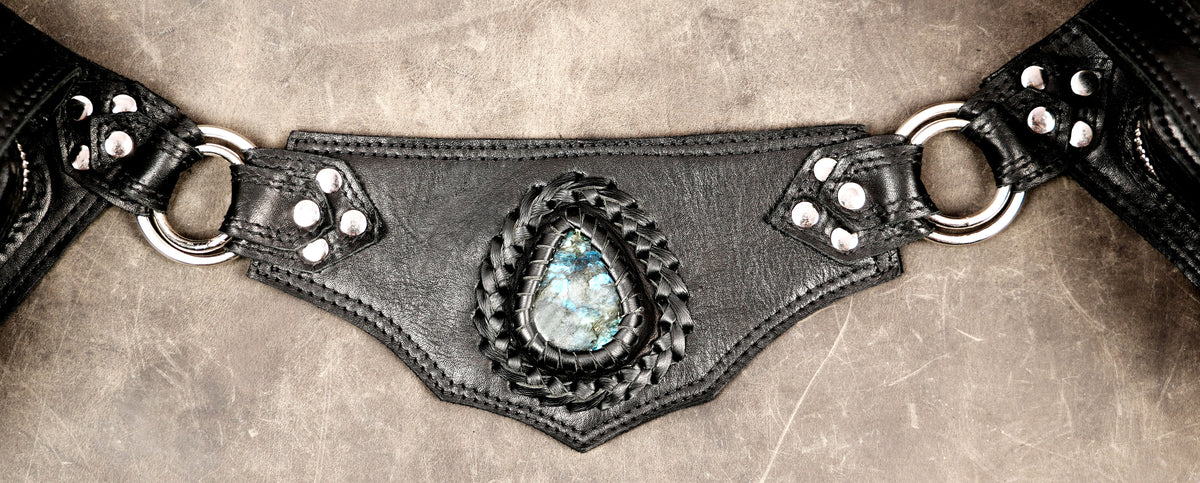 Adjustable leather hip belt with labradorite stones, full view