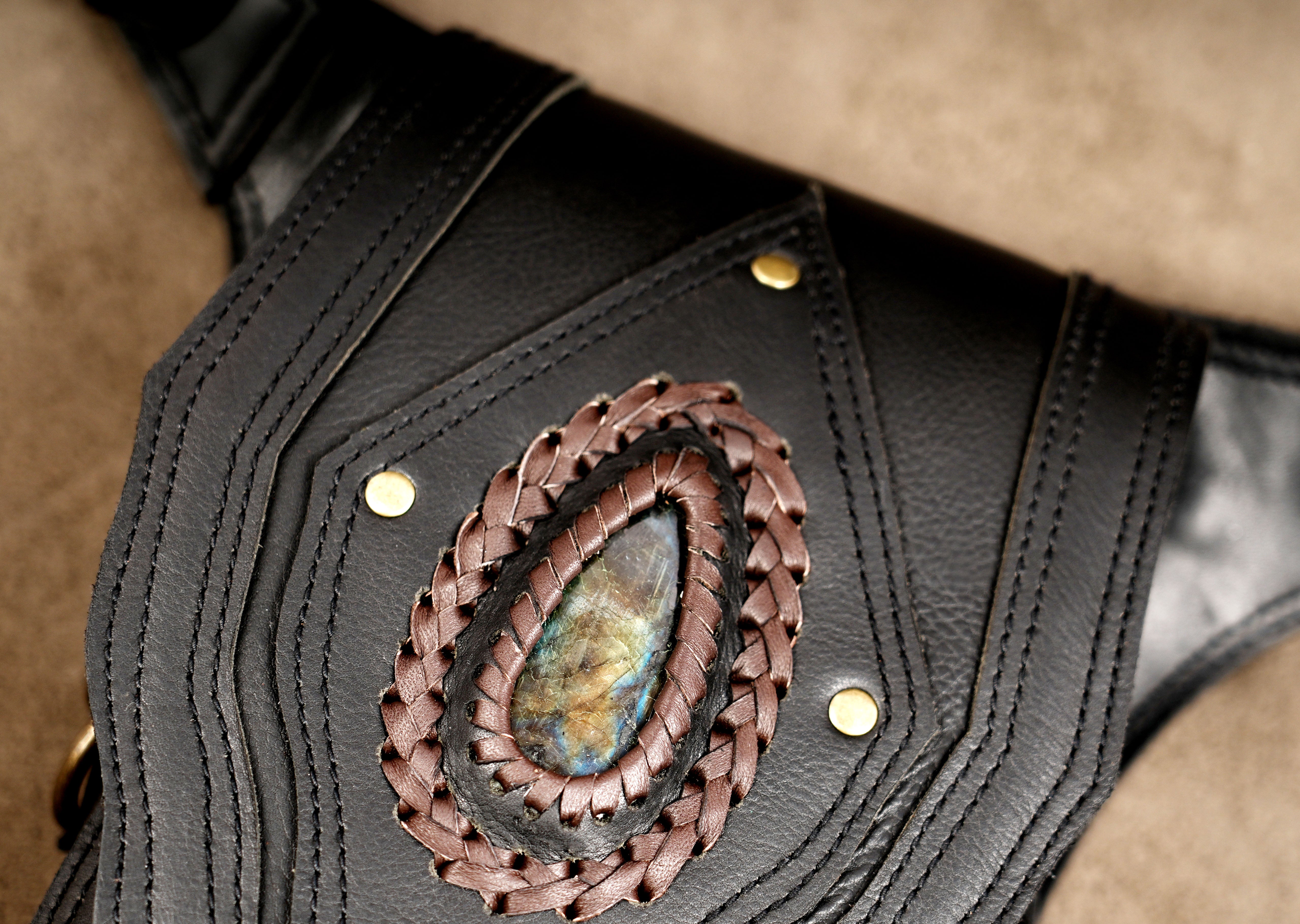 Adjustable leather waist bag with antique brass hardware