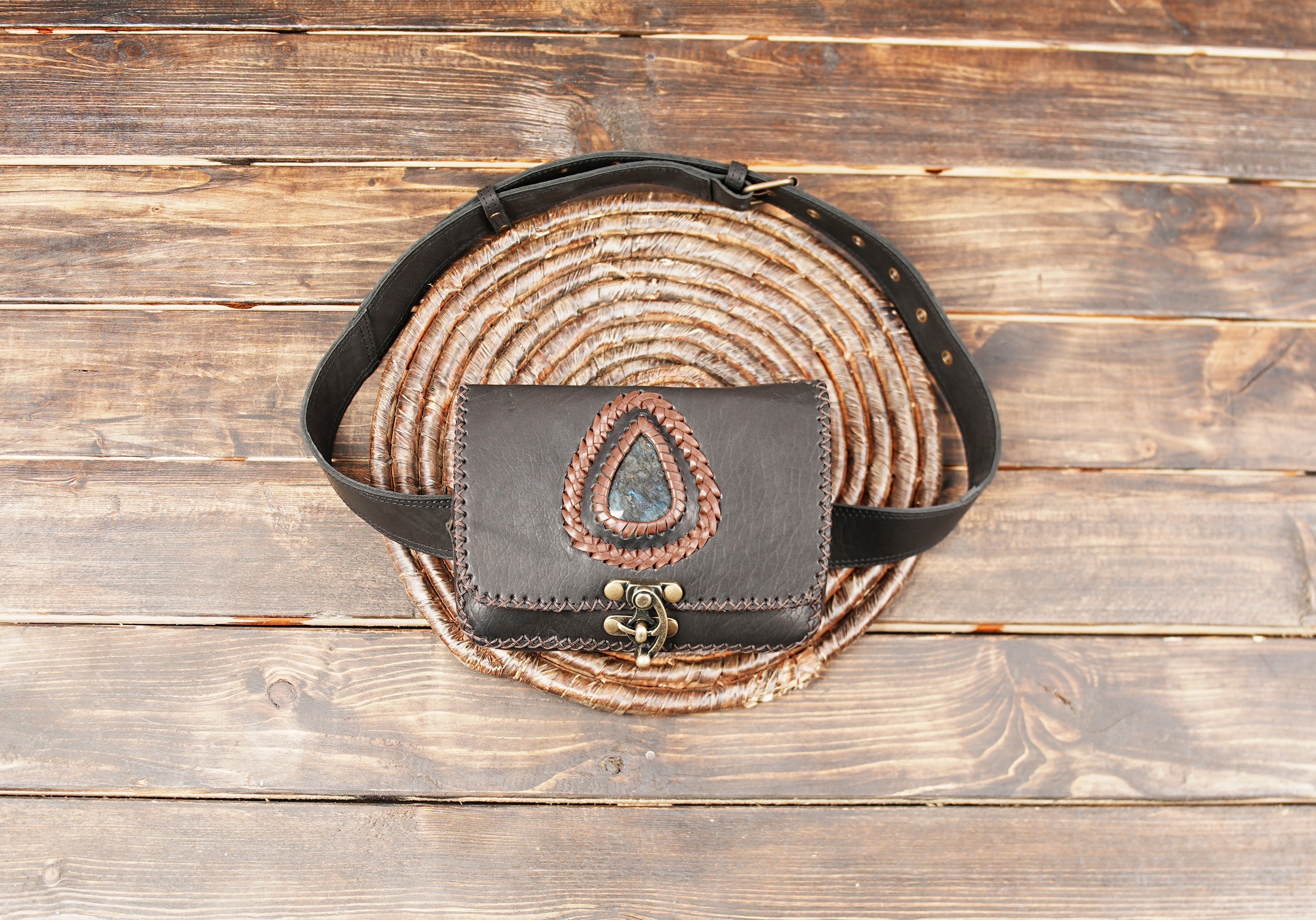 Adjustable leather waist purse with antique brass clasp