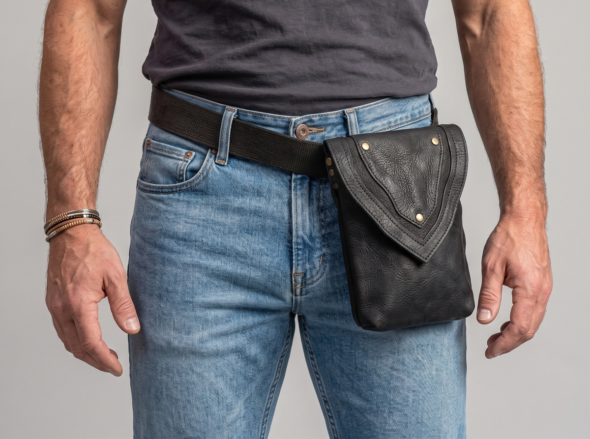 Adjustable leather waist strap with rectangular pouch
