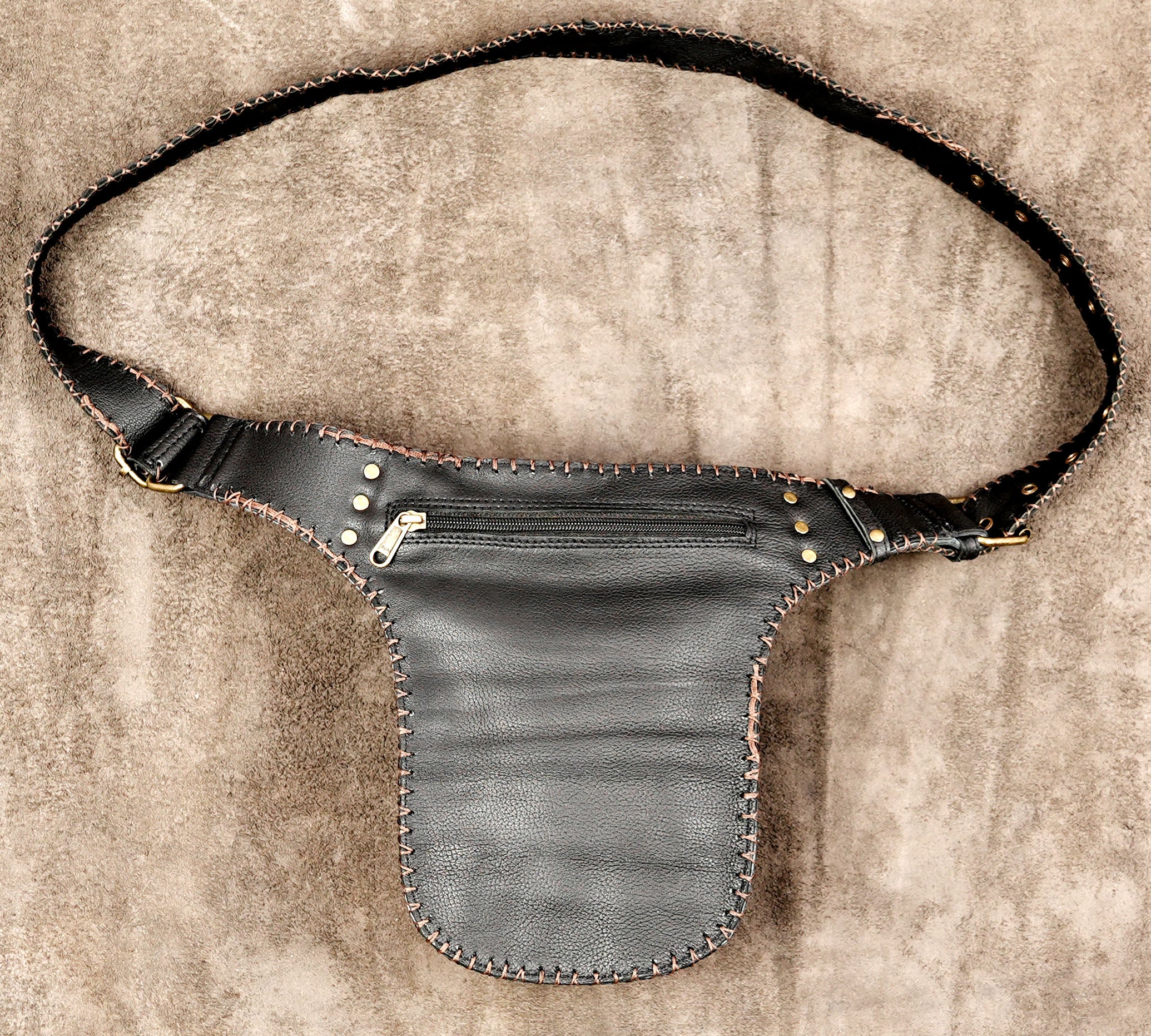 Adjustable long strap leather belt bag with tribal patchwork