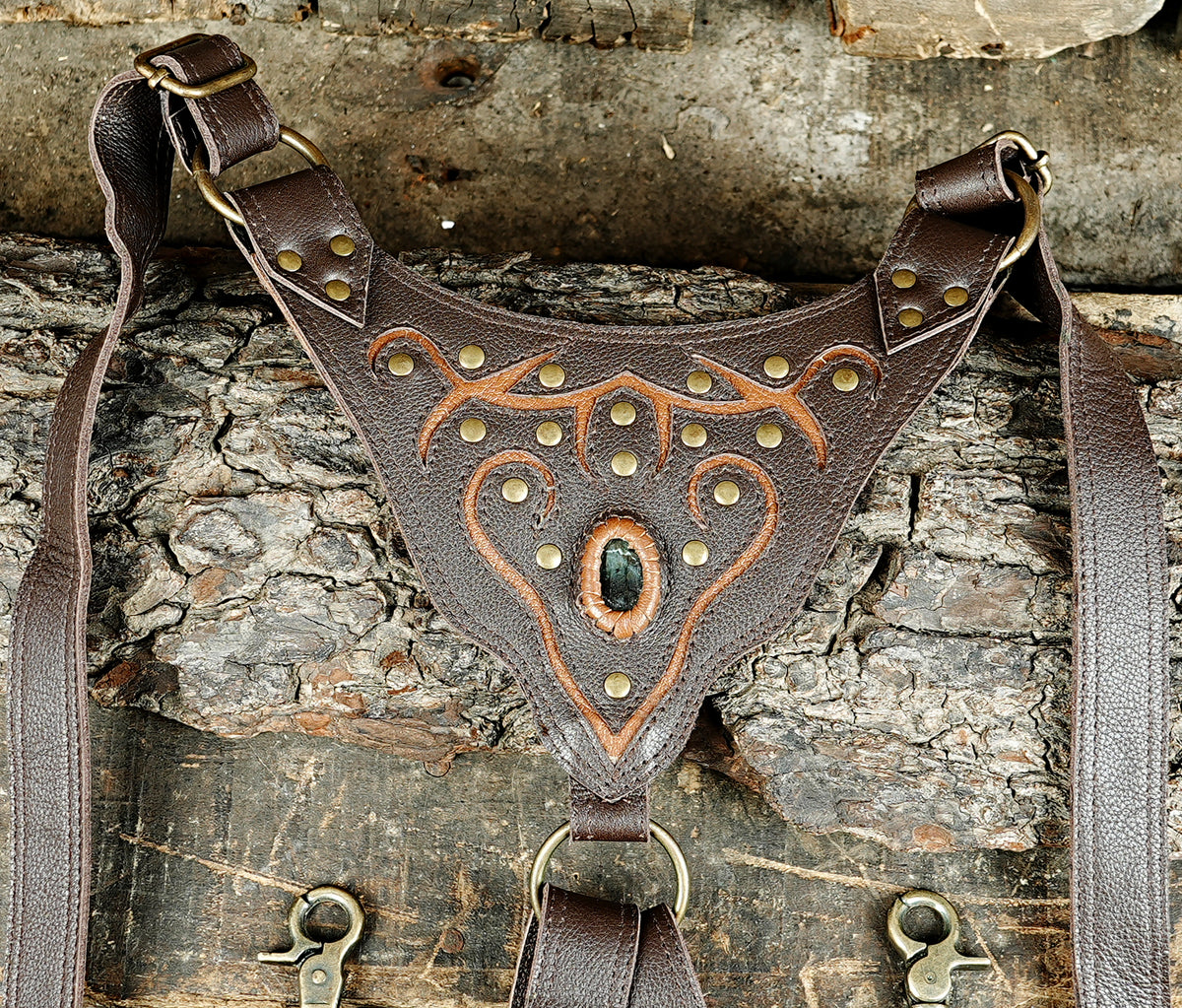 Boho steampunk leather harness with gemstone accents and decorative copper stitching