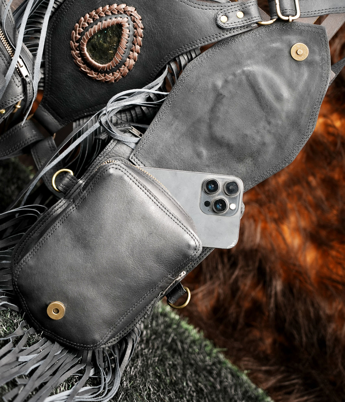 Black Leather Holster Vest Fringe Harness Bag Dual Utility Pouches Festival Body Suspender Natural Labradorite Stones