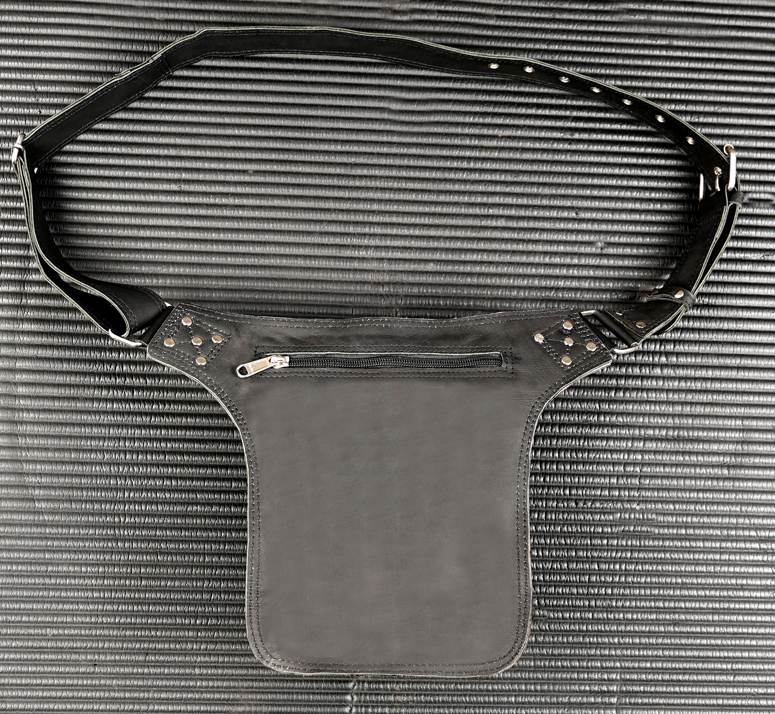 Alternative fashion waist bag made from genuine black leather
