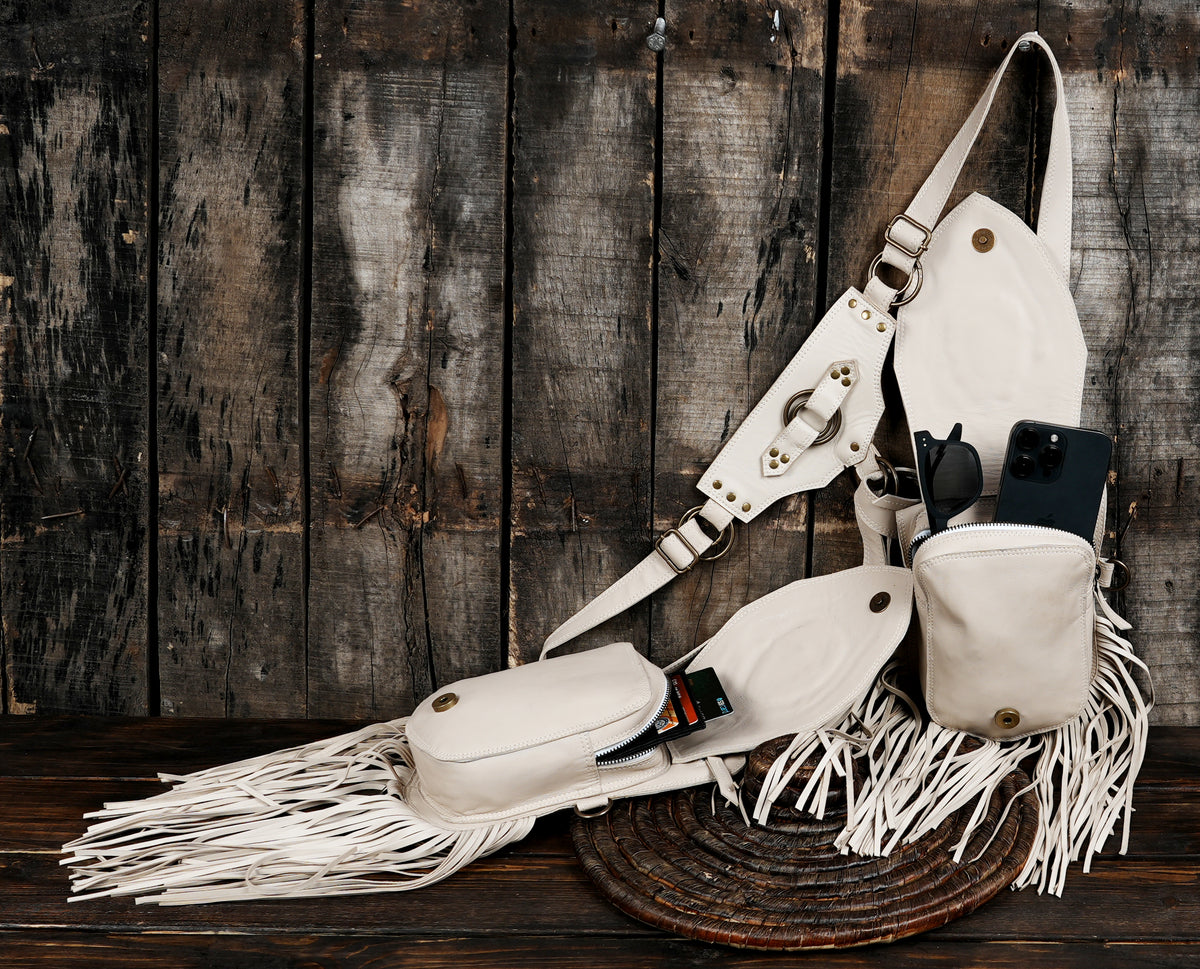 Handmade white leather festival chest rig with two bags