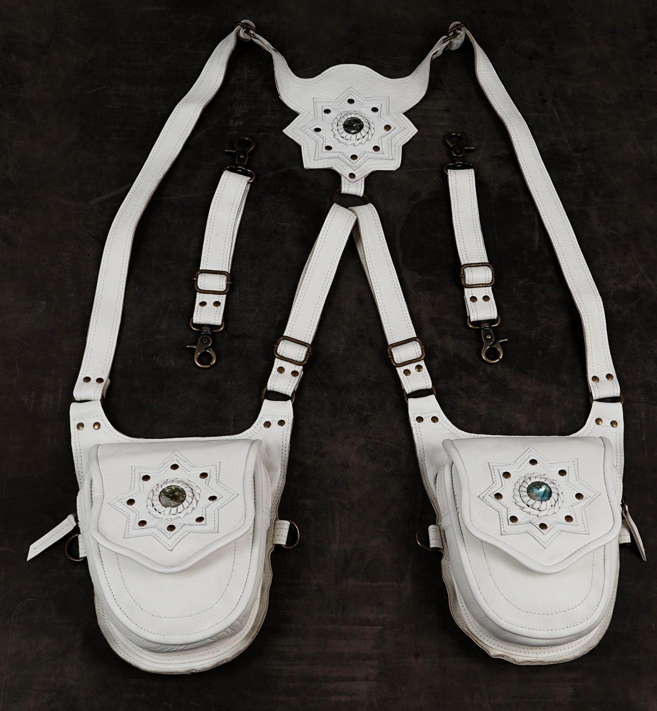 Angelic white leather harness with star gem medallions
