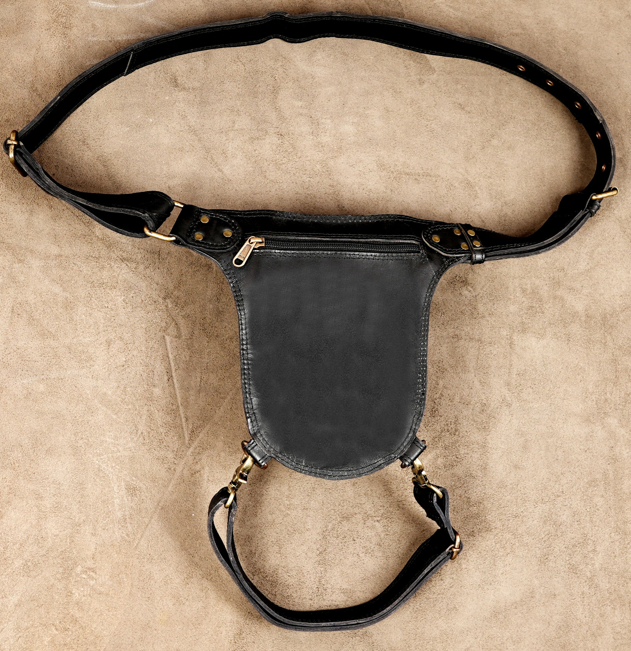 Artisan-made black leather belt pouch for cosplay and festivals