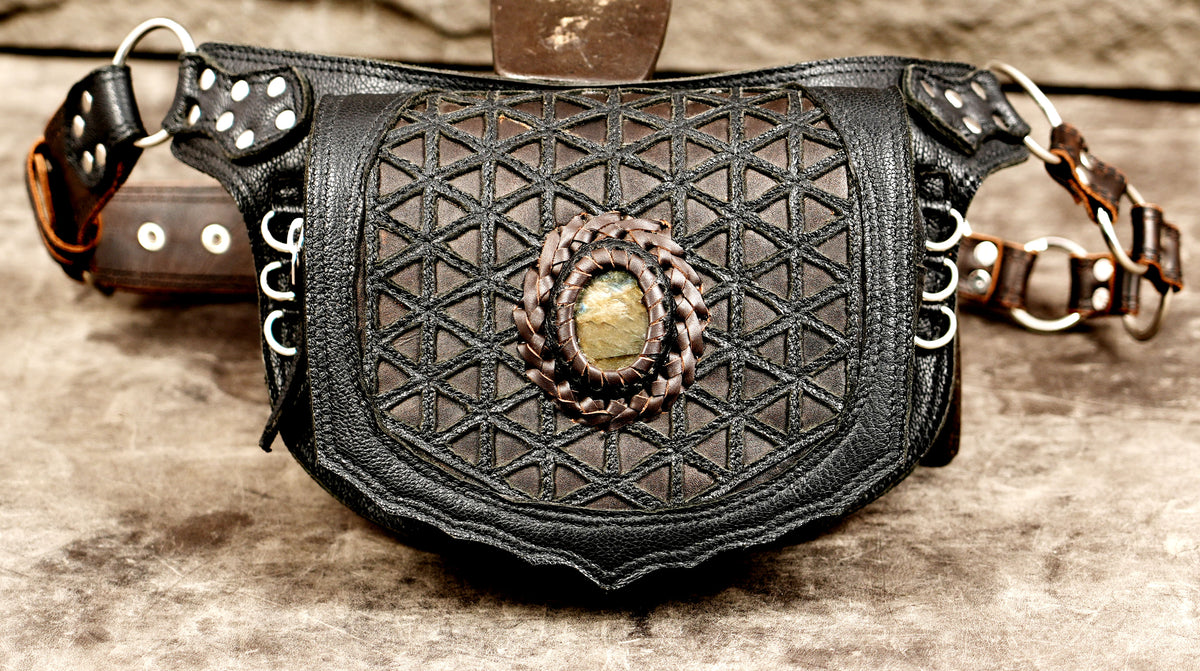 Artisan leather waist pack with genuine mineral inlay