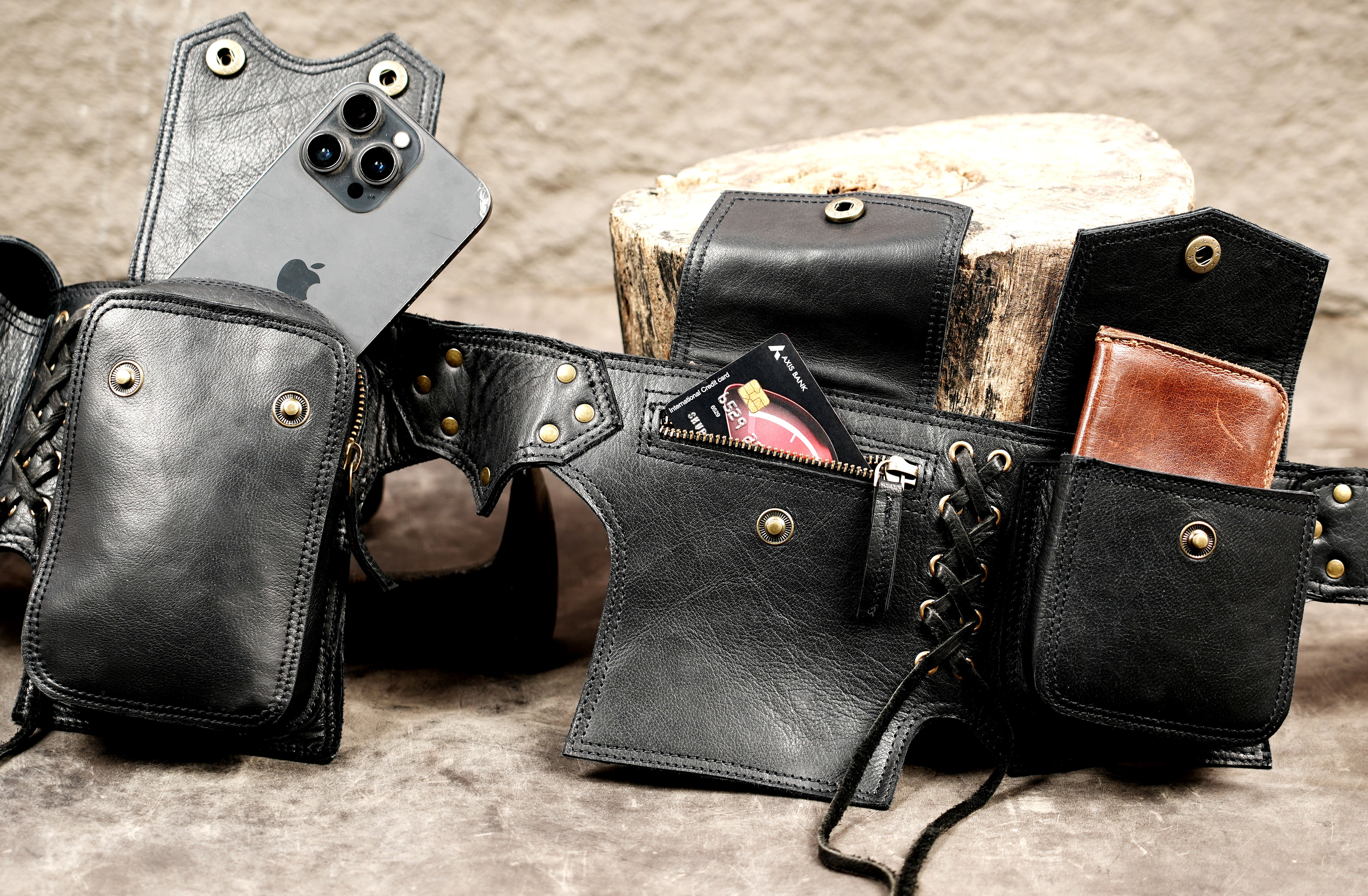 Biker-style black leather utility waist bag