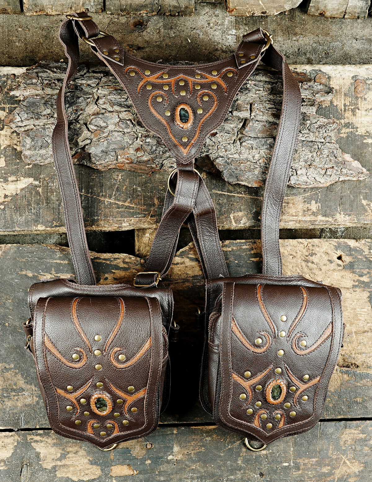 Festival wear leather harness with labradorite stones and symmetrical stud patterns