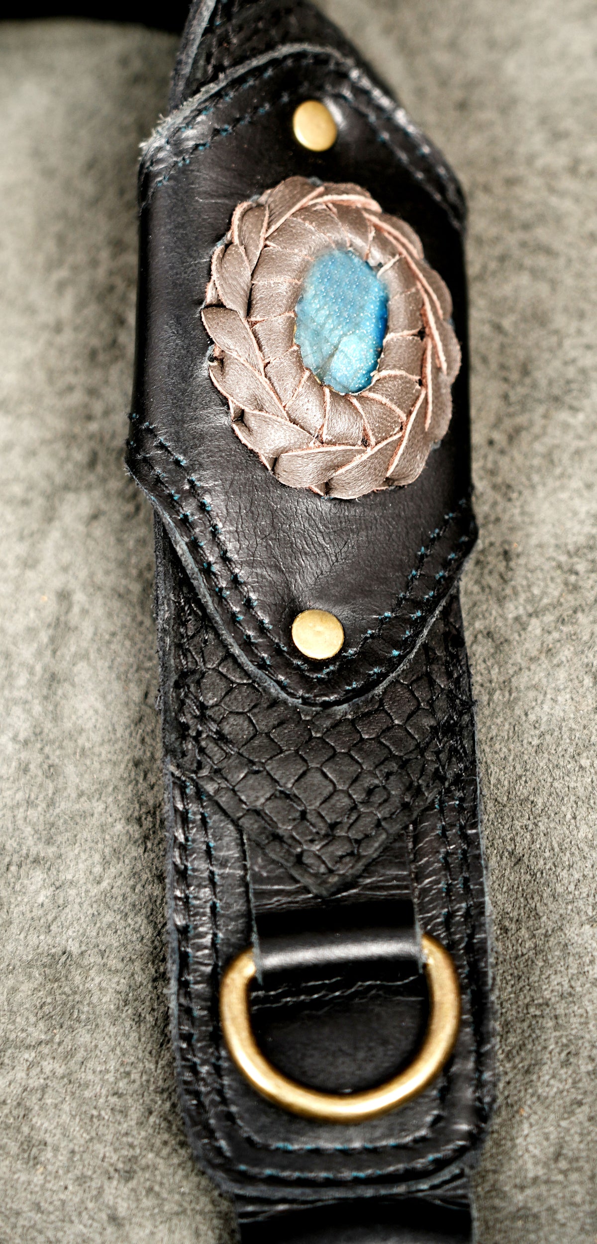 Gothic Leather Shoulder Holster with Decorative Braided Panels and Stone Details