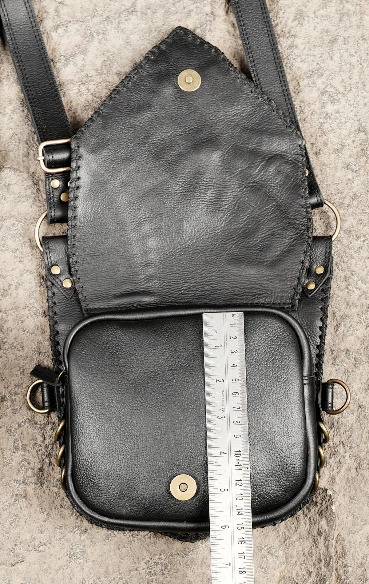 Black Leather Shoulder Holster Bag with Studded Dual Pouches