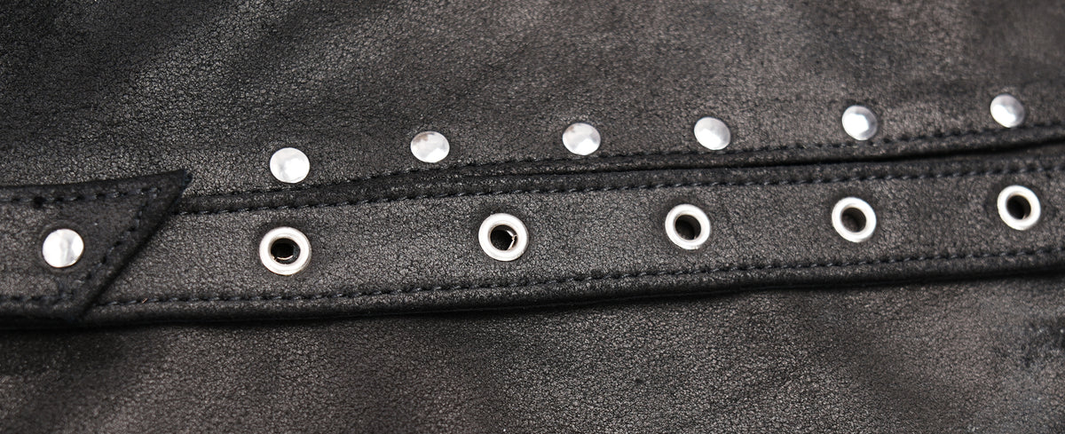 Black A-line leather skirt with nickel silver hardware