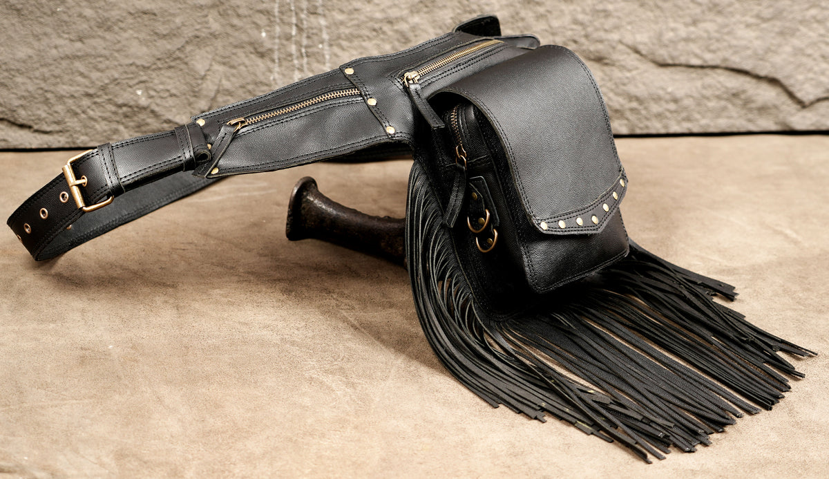 Black fringe hip bag for festival outfits
