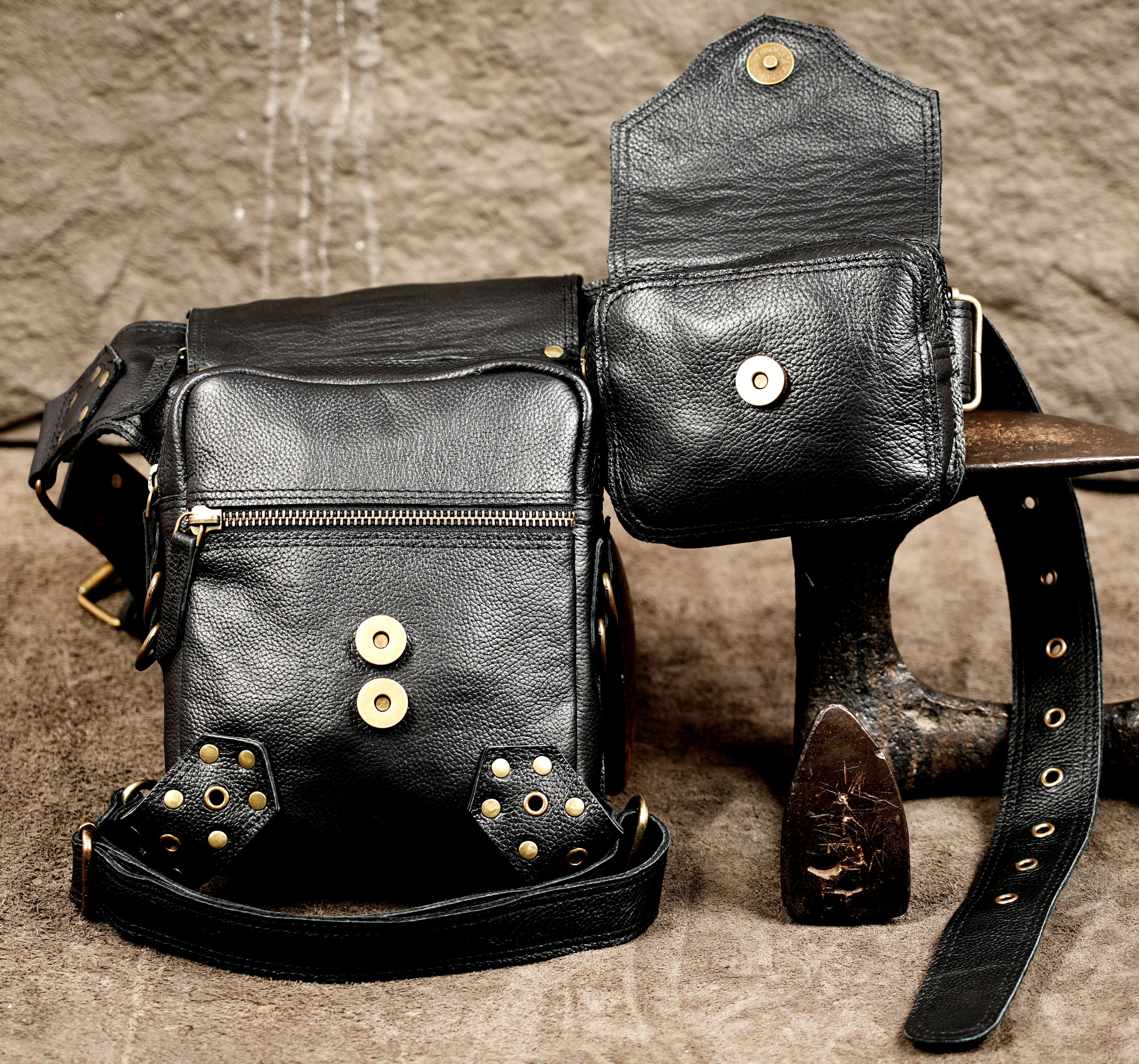 Black leather Burning Man belt bag with practical pockets