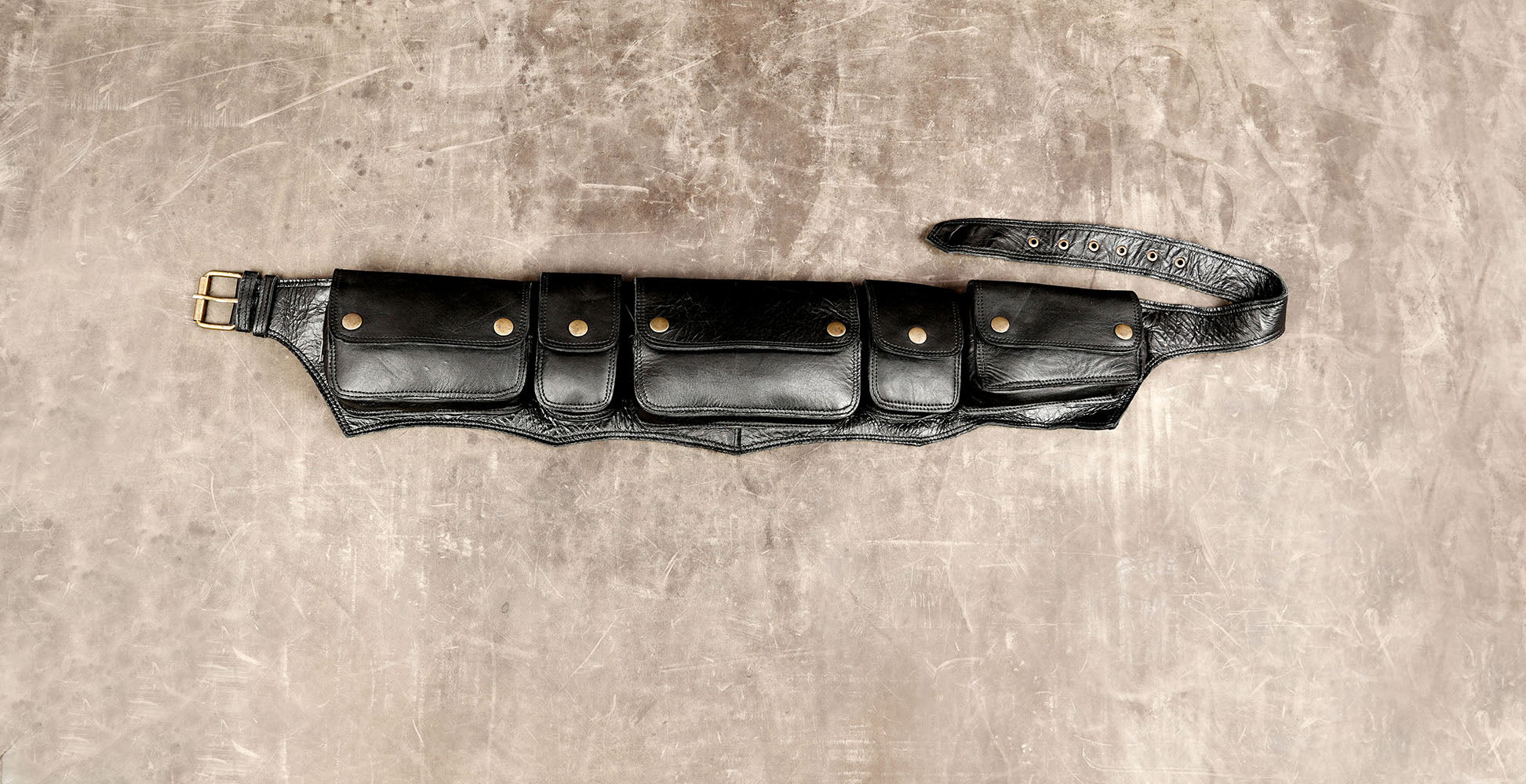 Black leather belt bag with antique brass buckle and hardware