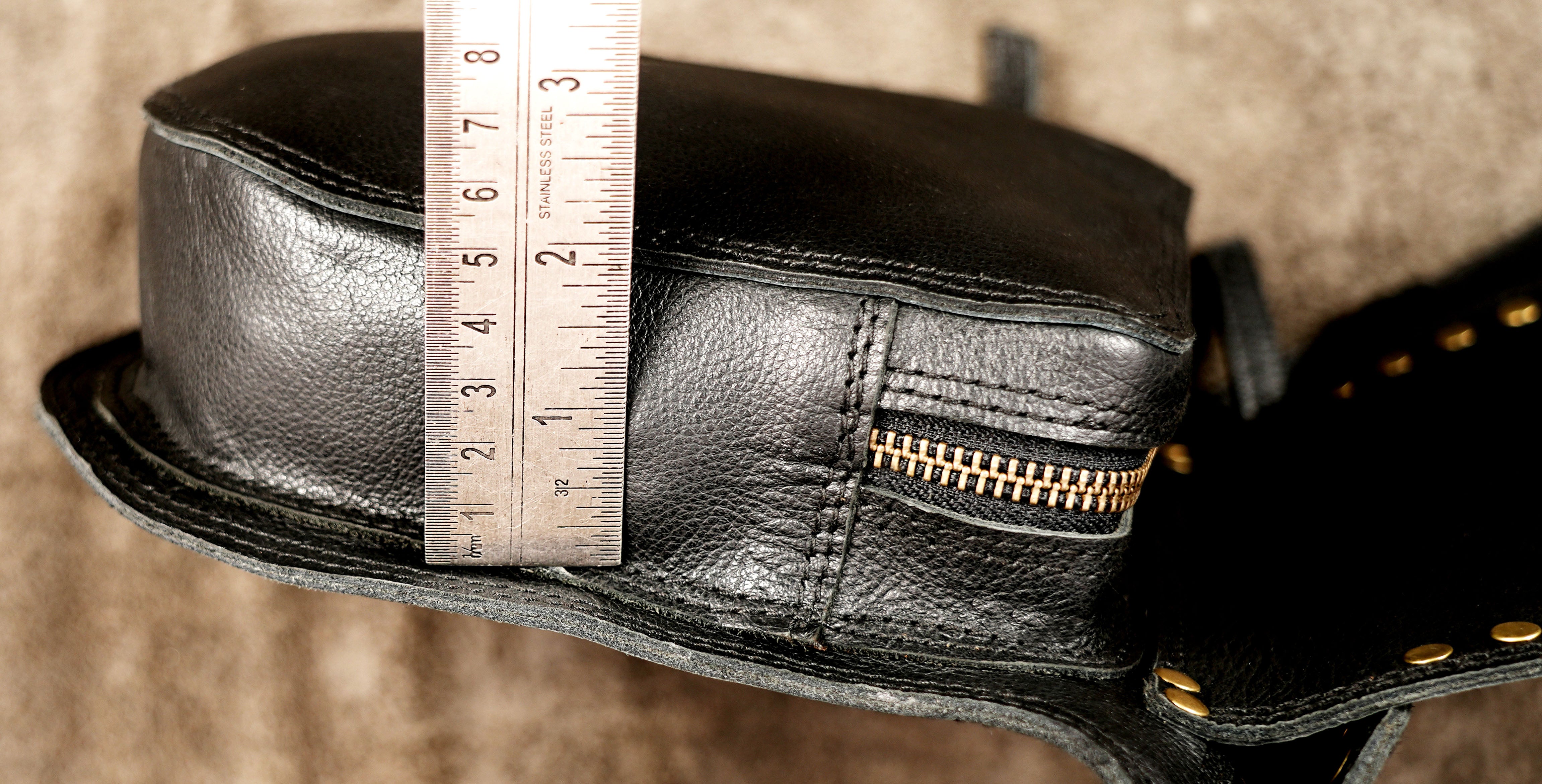 Black leather belt bag with labradorite gem and brass hardware