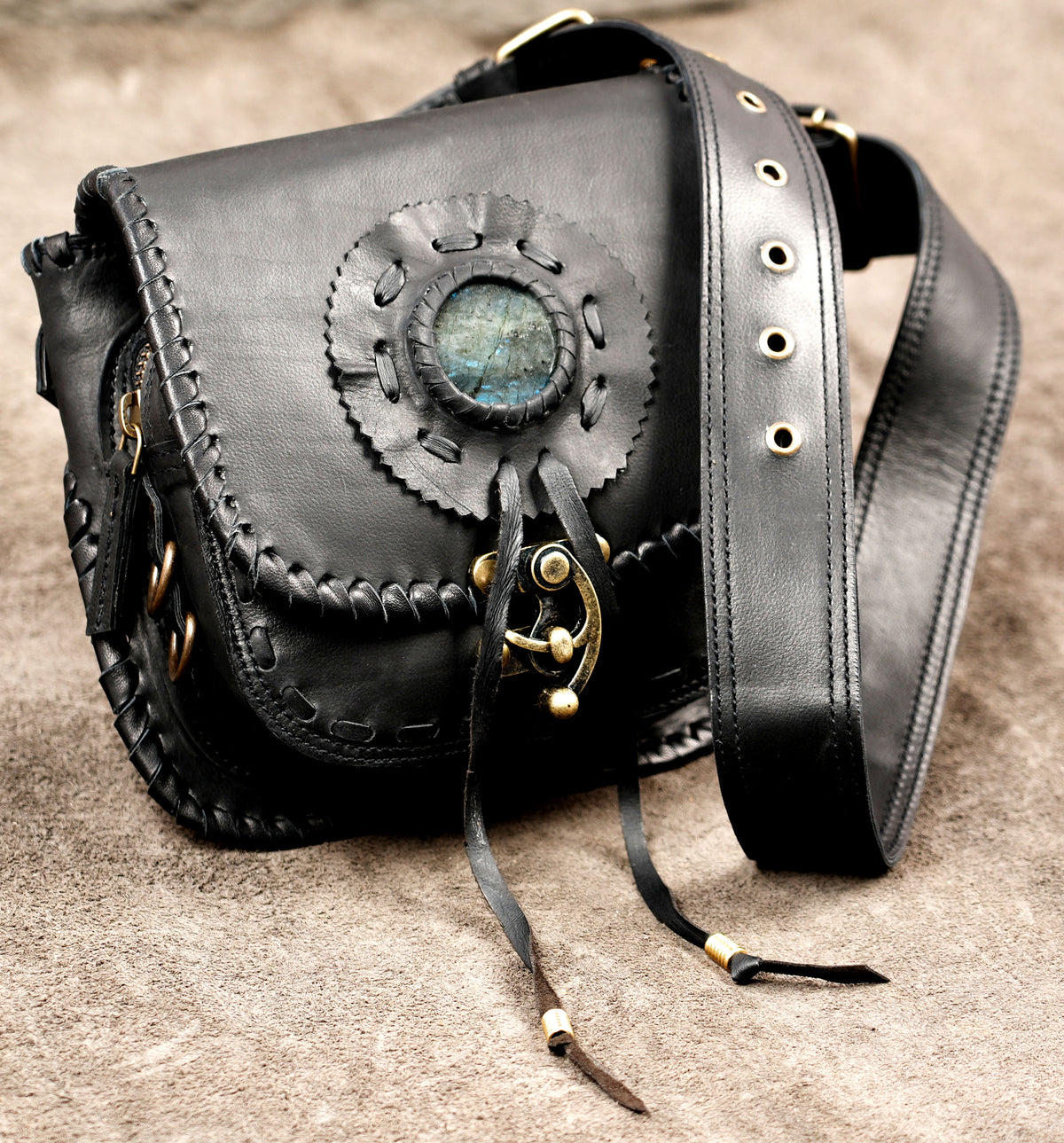 Boho leather hip pouch with Labradorite stone and stitched edges