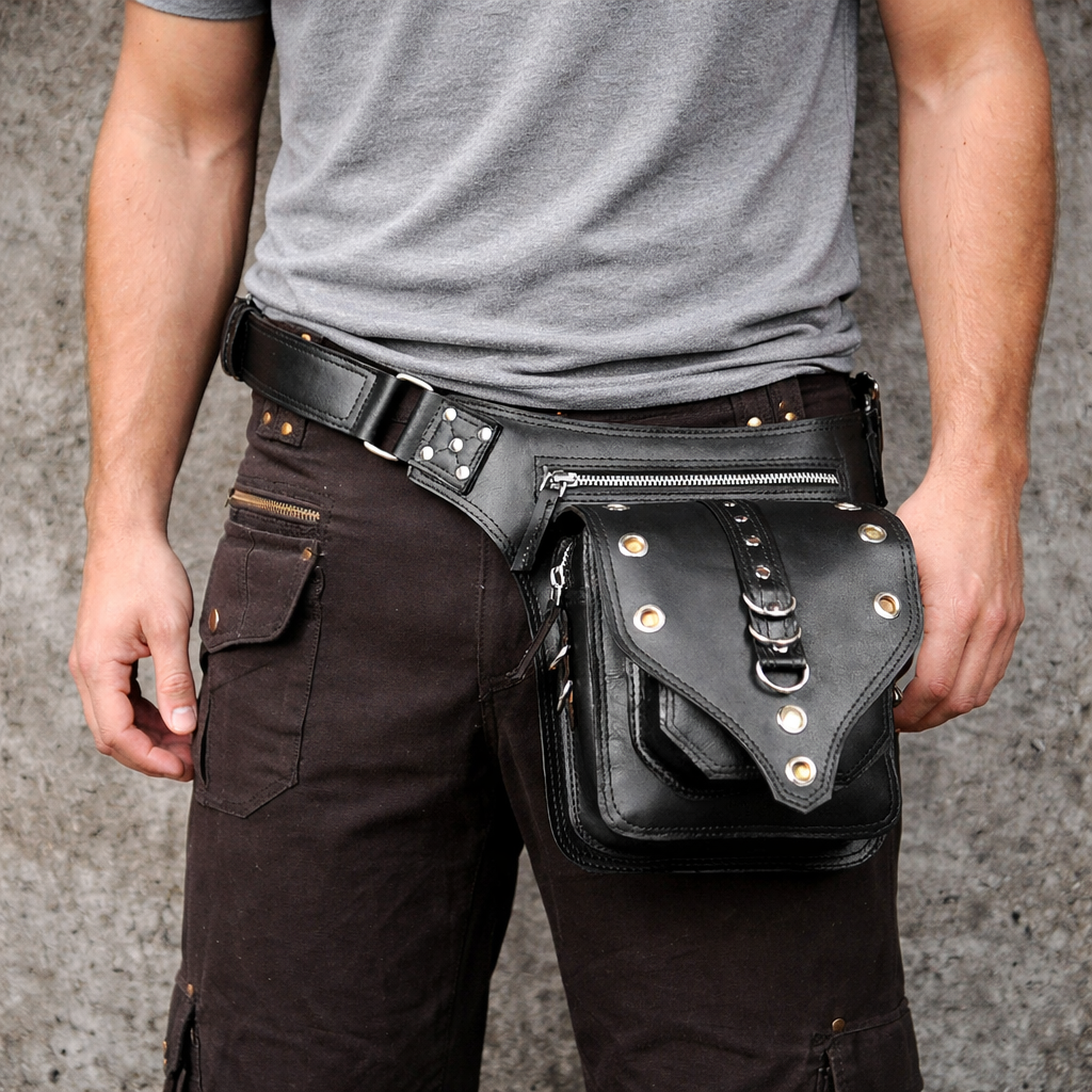 Black leather biker bag with V pattern and studs