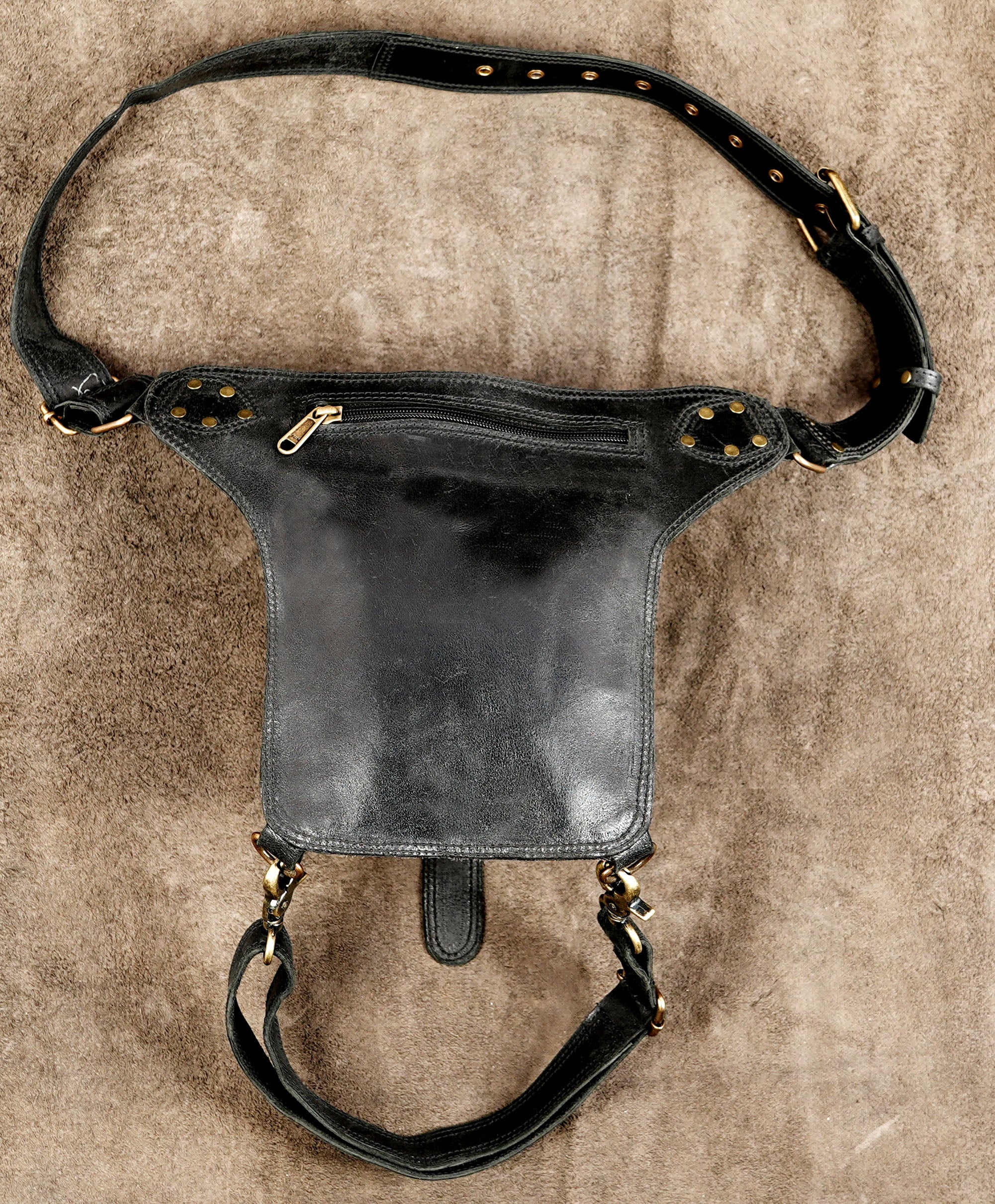 Black leather cosplay belt pouch with brass hardware